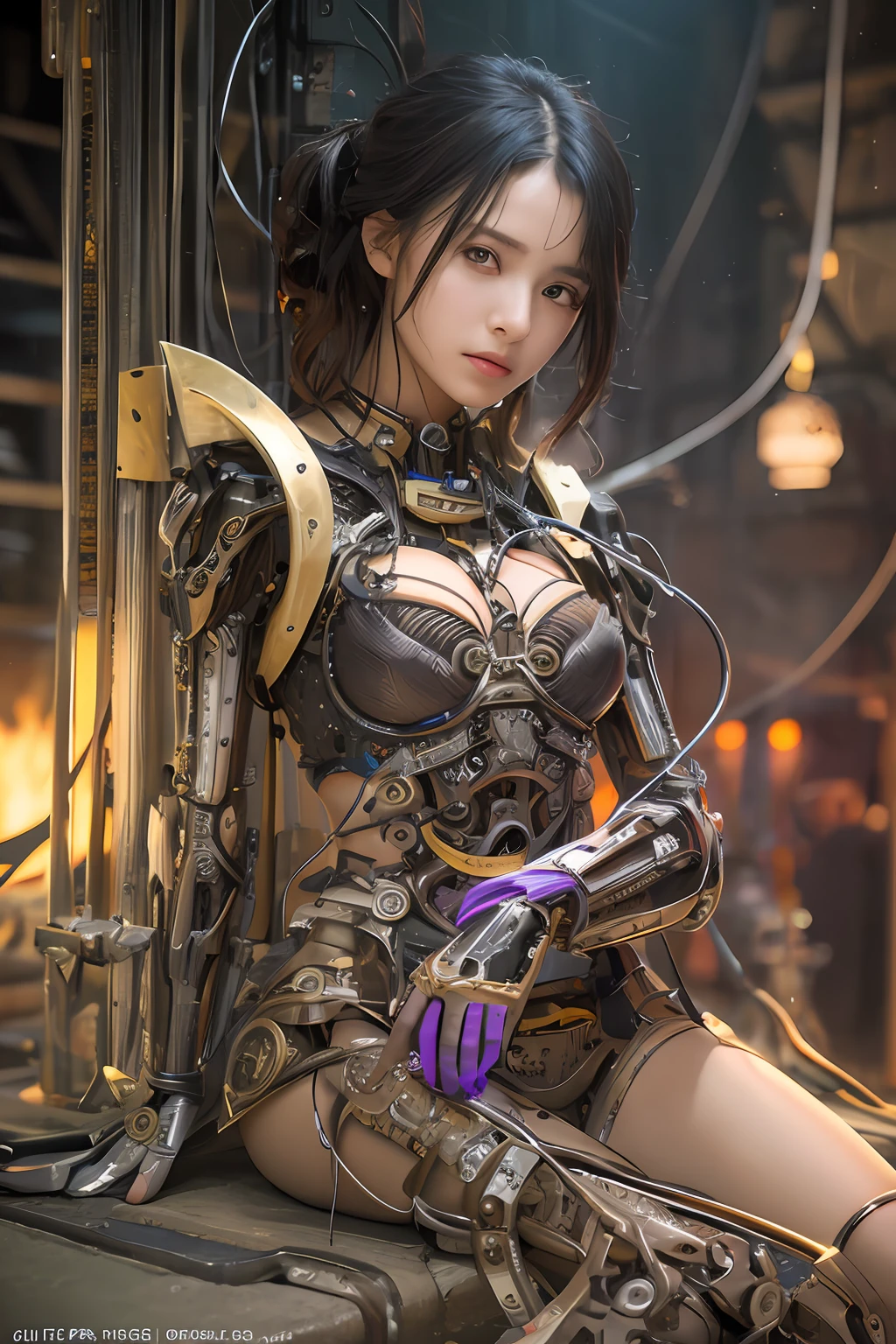 Top Quality, Masterpiece, Ultra High Resolution, (Photorealistic: 1.4), Raw Photo, 1 Girl, Black Hair, Glossy Skin, 1 Mechanical Girl, (Ultra Realistic Details)), Portrait, Global Illumination, Shadows, Octane Rendering, 8K, Ultra Sharp, Big, Cleavage Exposed Raw Skin, Metal, Detail of Intricate Ornaments, steampunk details, analog meters, gears, gears, golden hydraulic cylinders, very intricate details, realistic light, CGSoation trends, purple eyes, glowing eyes, facing the camera, neon details, mechanical limbs, blood vessels connected to tubes, mechanical vertebrae attached to the back, mechanical cervical attachment to the neck, sitting, wires and cables connecting to the head, Gundam, small LED lamps,