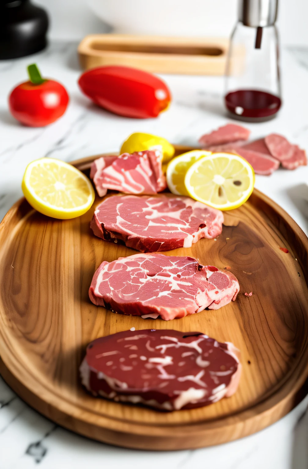 There are three pieces of meat on the plate,Inside there are lemons and broccoli, raw pork, pork meat, Pork, juicy meat, on a wooden plate, butcher, on a wooden tray, Meat, Meaty, central pork, red meat shreds, In the butcher shop, meat with veins, de kaethe butcher, easy, meat factory, mid angle, primitive