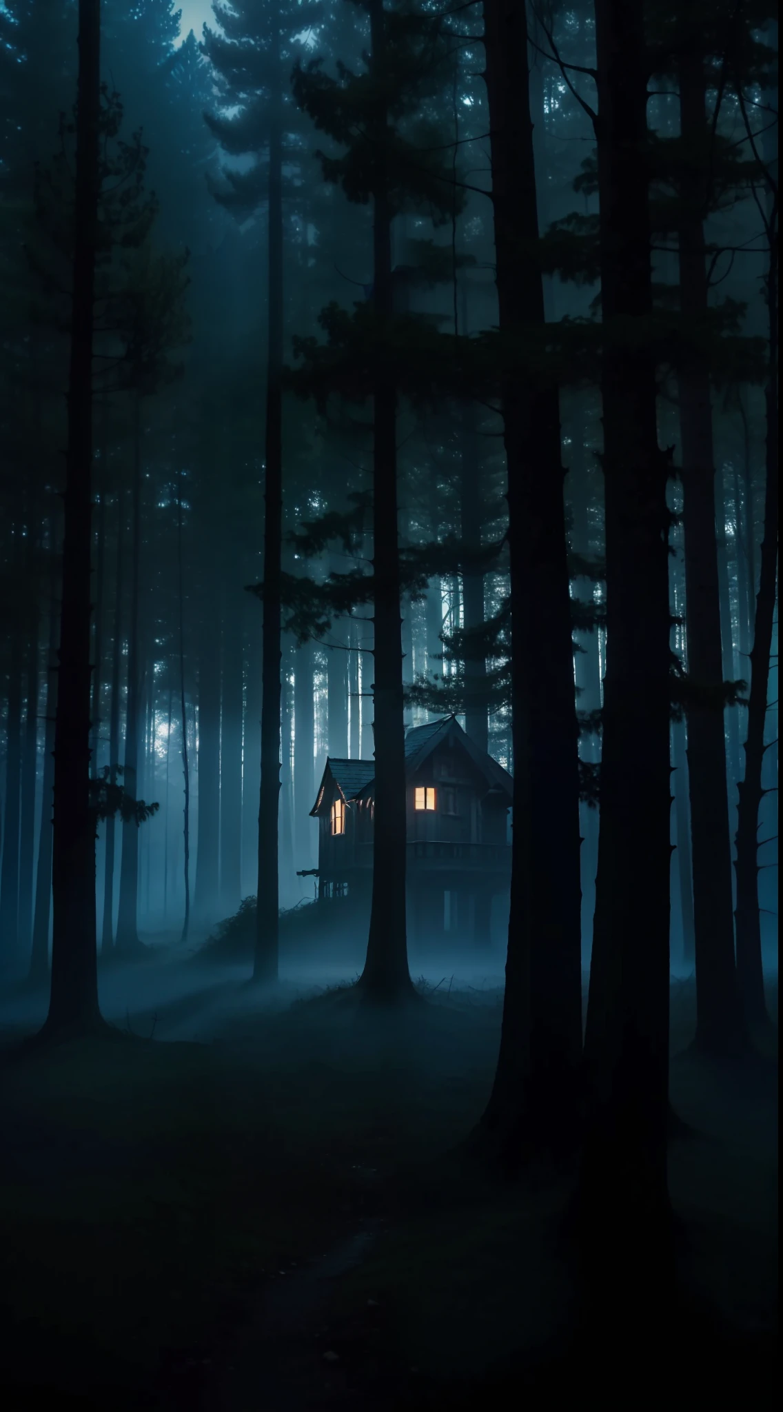 a dark blue night scene with a creepy house in the middle of the woods, dark fantasy setting, tree house, haunted forest, haunting and spooky, witch cottage in the forest, spooky and scary atmosphere, the house in the forest, creepy and dramatic atmosphere, treehouse, fantasy tree, witch hut, haunted house, eerie looking, haunted house themed, beautiful with eerie vibes