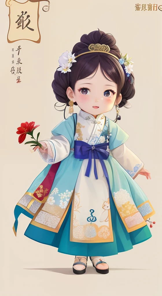 A cartoon girl in a white dress holds a flower, Palace ， A girl in Hanfu, China Princess, Beautiful character painting, Chinese girl, Princesa chinesa antiga, A beautiful artwork illustration, Inspired by Zou Yigui, inspired by Park Hua, Chinese costume, author：Qu Leilei, Cute detailed digital art, Chinese dress, lovely digital painting, inspired by Mei Qing，Miniature villains，Miniature villain，，Full body like，fully body photo，Q version