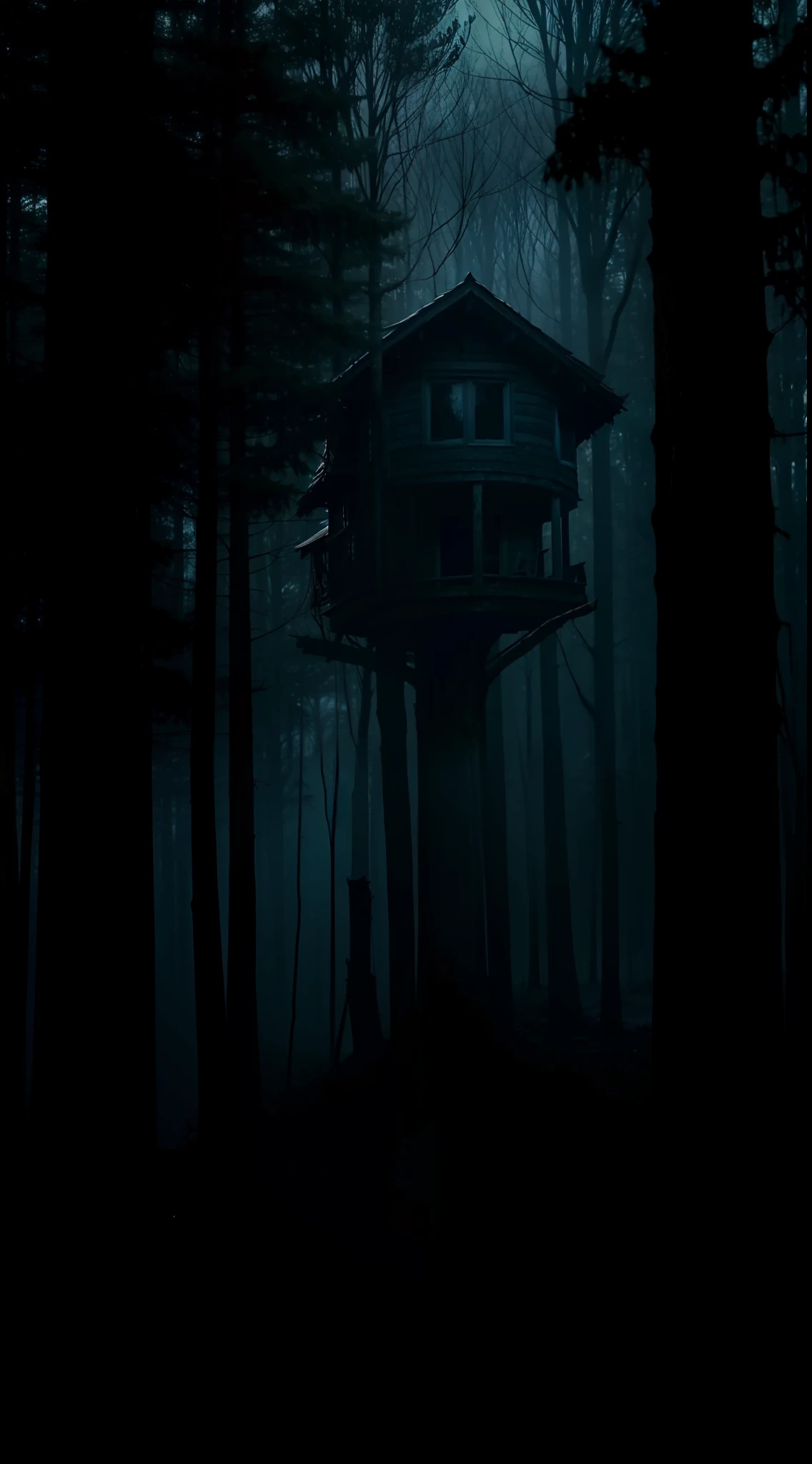 a dark blue night scene with a creepy house in the middle of the woods, dark fantasy setting, tree house, haunted forest, haunting and spooky, witch cottage in the forest, spooky and scary atmosphere, the house in the forest, creepy and dramatic atmosphere, treehouse, fantasy tree, witch hut, haunted house, eerie looking, haunted house themed, beautiful with eerie vibes