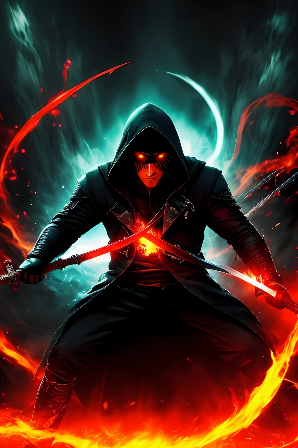 (Papel de parede 8k extremamente detalhado), a photo in the middle of the photo of a terrible hooded rogue with red eyes holding a rapier with black flames coming out of it