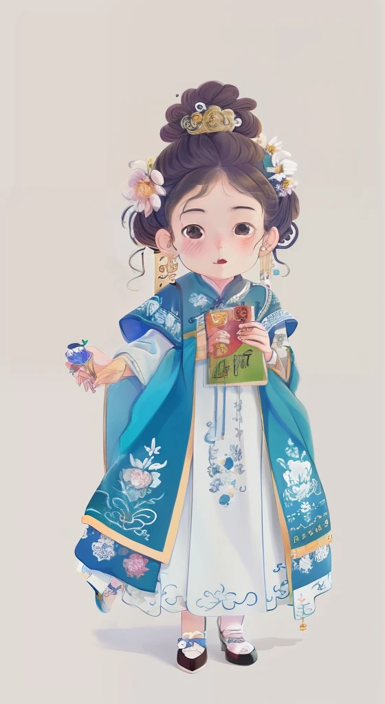 A cartoon girl in a white dress holds a flower, Palace , A girl in Hanfu, China Princess, Beautiful character painting, Chinese girl, Princesa chinesa antiga, A beautiful artwork illustration, Inspired by Zou Yigui, inspired by Park Hua, Chinese costume, author:Qu Leilei, Cute detailed digital art, Chinese dress, lovely digital painting, inspired by Mei Qing,Miniature villains,Miniature villain,,Full body like,fully body photo,Q version
