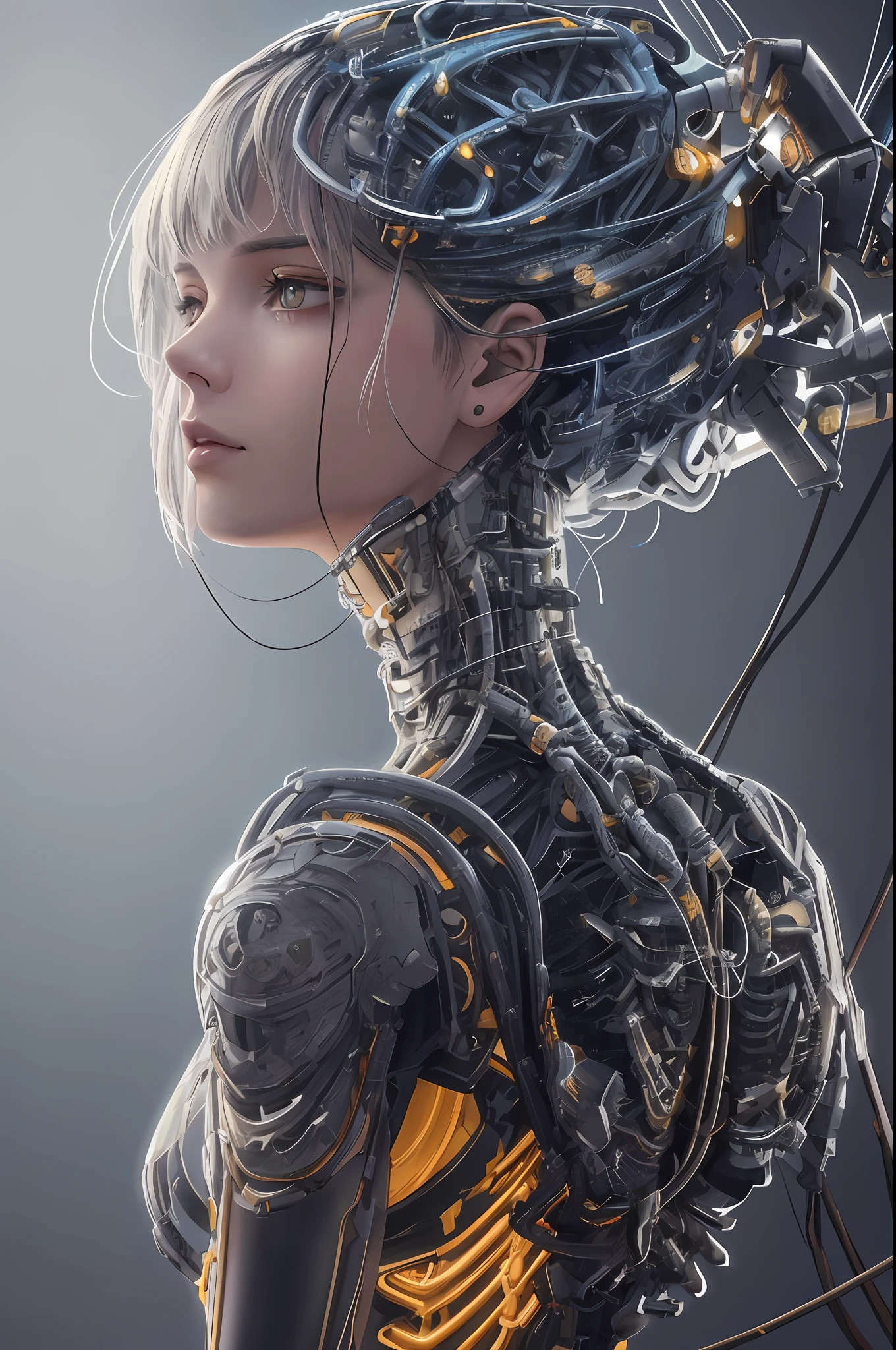 1mechanical girl,((ultra realistic details)), portrait, global illumination, shadows, octane render, 8k, ultra sharp,metal,intricate, ornaments detailed, cold colors, egypician detail, highly intricate details, realistic light, trending on cgsociety, glowing eyes, facing camera, neon details, machanical limbs,blood vessels connected to tubes,mechanical vertebra attaching to back,mechanical cervial attaching to neck,sitting,wires and cables connecting to head