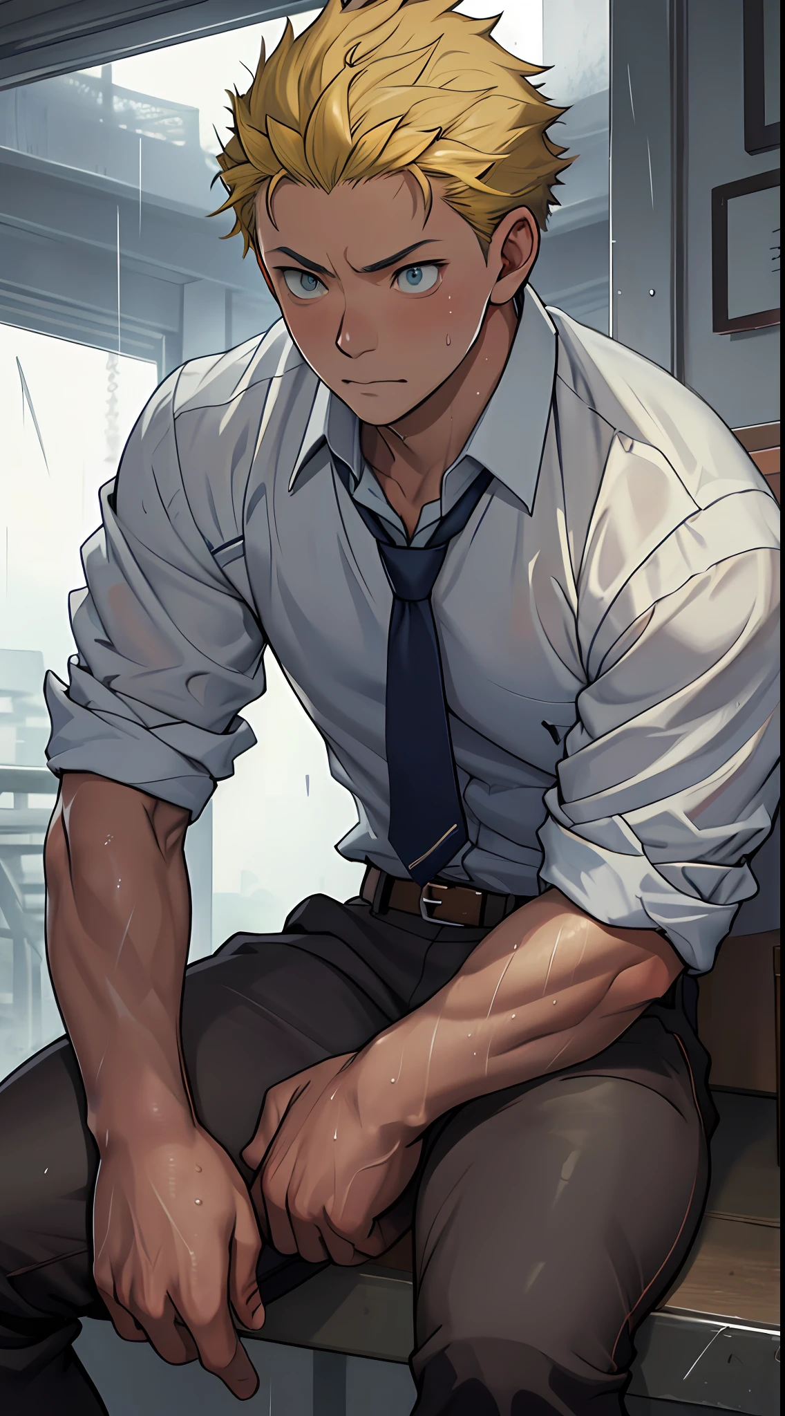 （1 Adult male），A high resolution， Sharp focus， Pixiv masterpiece， （（Complicated details））， highly  detailed， natsuki_subaru， 1 man，sit astride，Close-up of crotch，Crotch view， Lazy，full bodyesbian， blue color eyes（eyes glowing）， Short yellow hair，white  shirt，Wear a tie，Wear a belt，perspire，rain，Drenched，Sweaty crotch，look from down