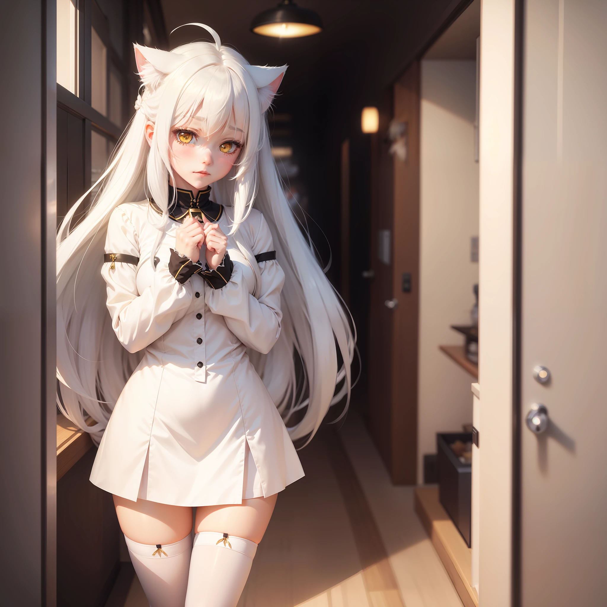 white  hair, white stockings, Shy, blushing, Petite and cute, yellow eyes, cat ears, shy, blush, halo, colored inner hair, ahoge, long hair, anime, anime, anime, stereogram, super detail