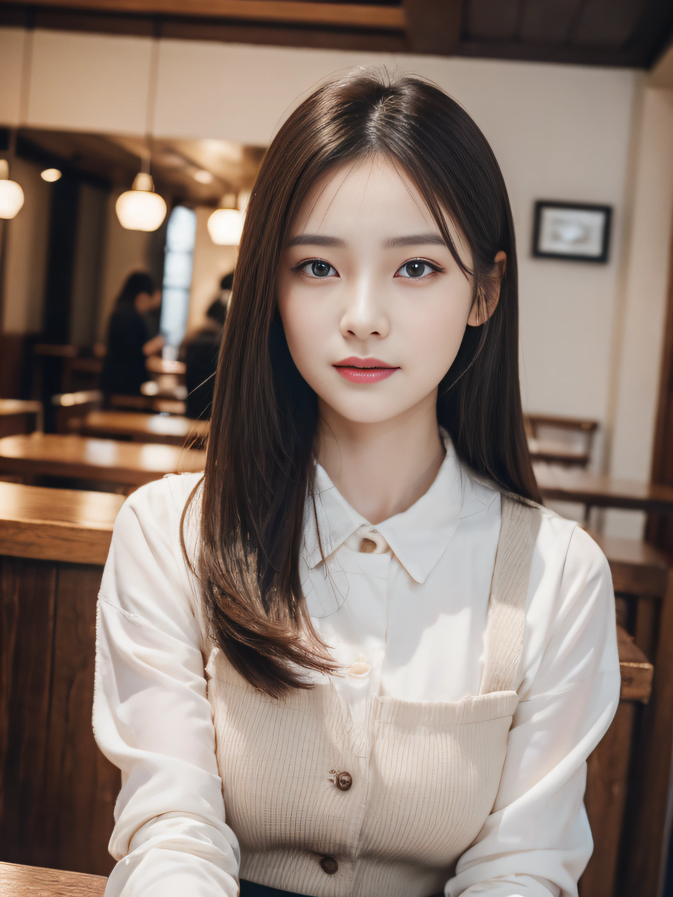 A 20-year-old stylish white-collar woman was standing in a café , delicate makeup , beautiful detailed girl, very detailed eyes and face, beautiful detailed eyes, ridiculous, Chinese female , Canon 35mm Shot , Photorealistic , a photo of ,4k