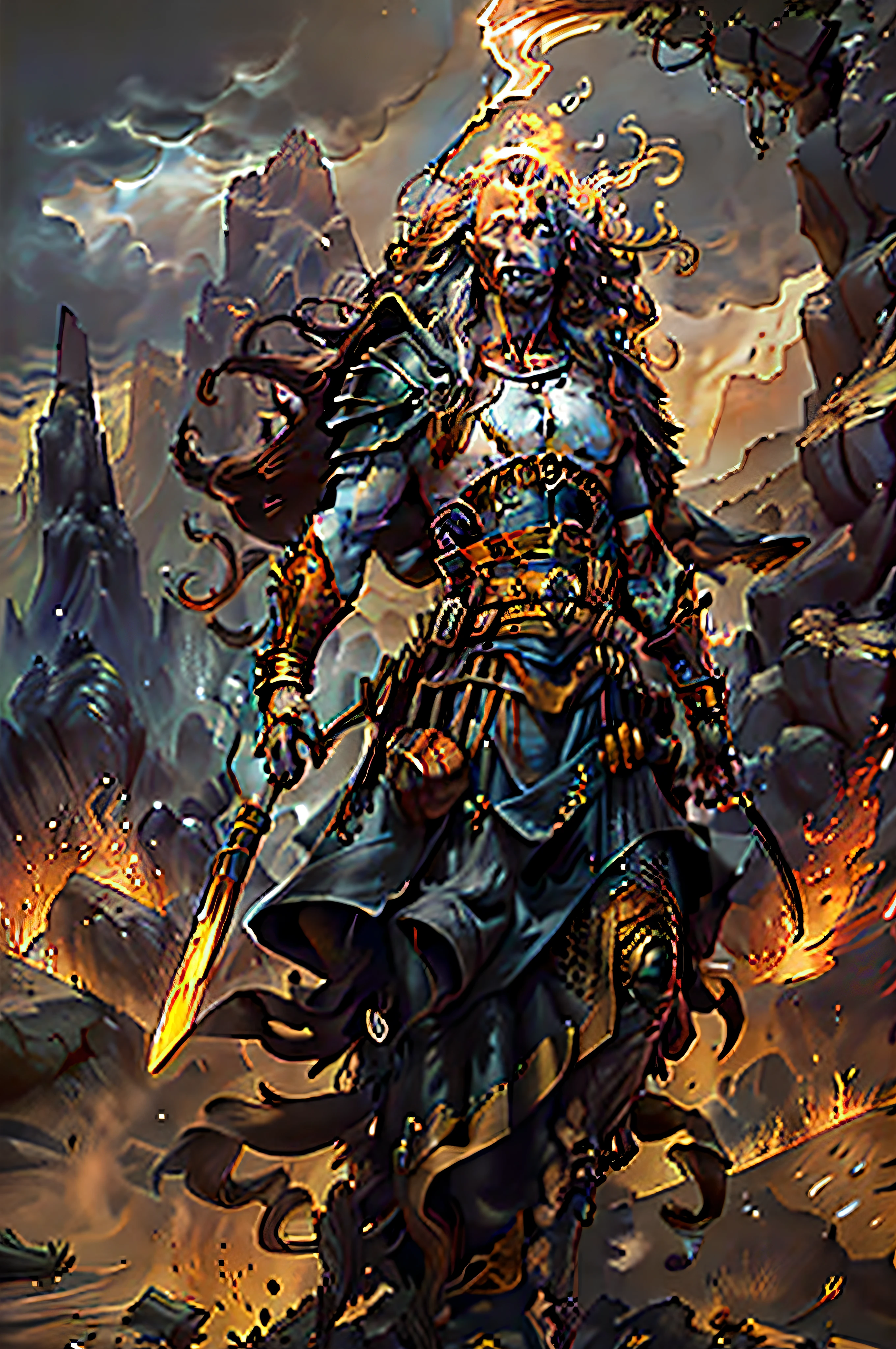 Alta qualidade, 4k, alta resolução. Deus do fogo, guerreiro imponente, flames dancing in his eyes, aura de fogo envolvendo seu corpo; carries a flaming spear; pele dourada, cabelo feito de chamas. serious face, frontal.