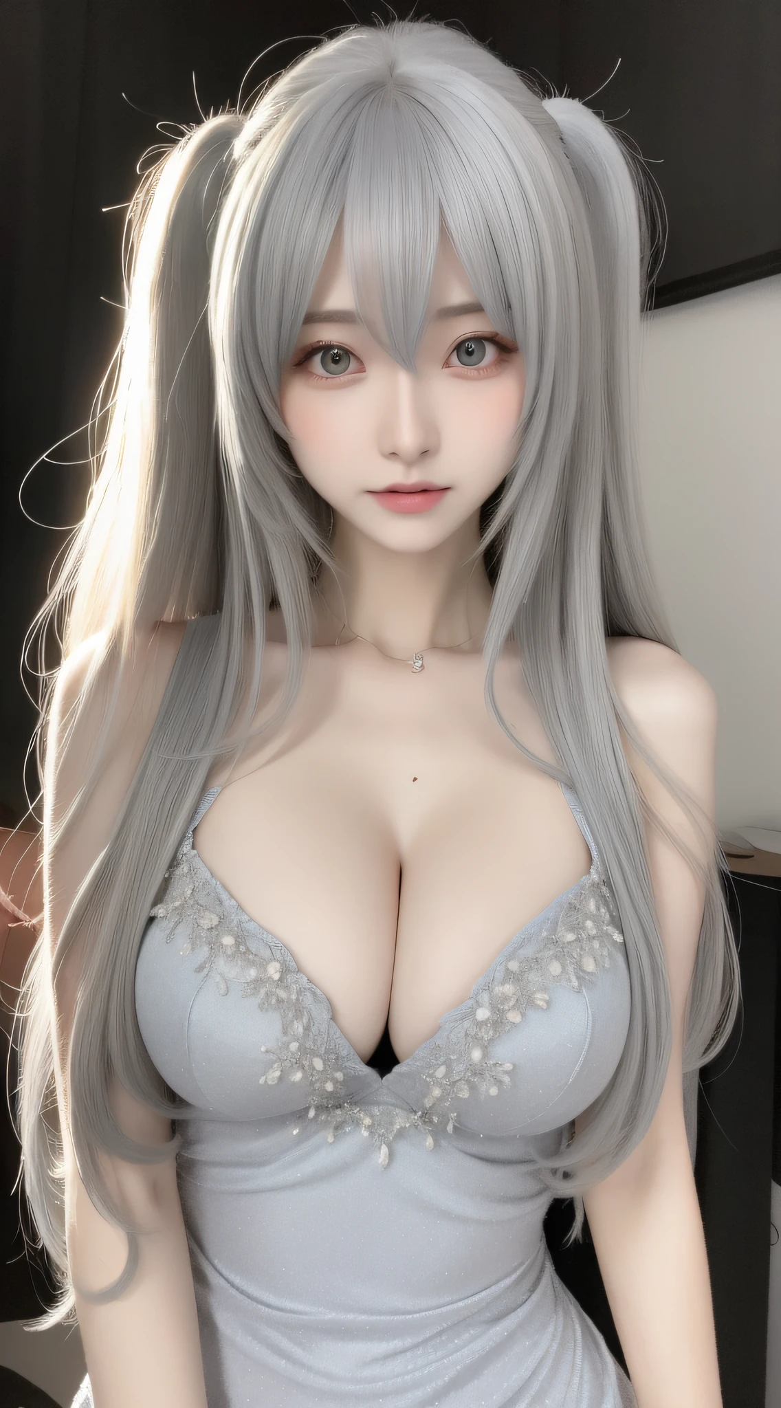 perfect figure beautiful woman：1.4，Layered Hair Style，Protruding cleavage，Gray 2D costume：1.5，Highly Detailed Face and Skin Textur，二重まぶた，Whiten the skin，long whitr hair