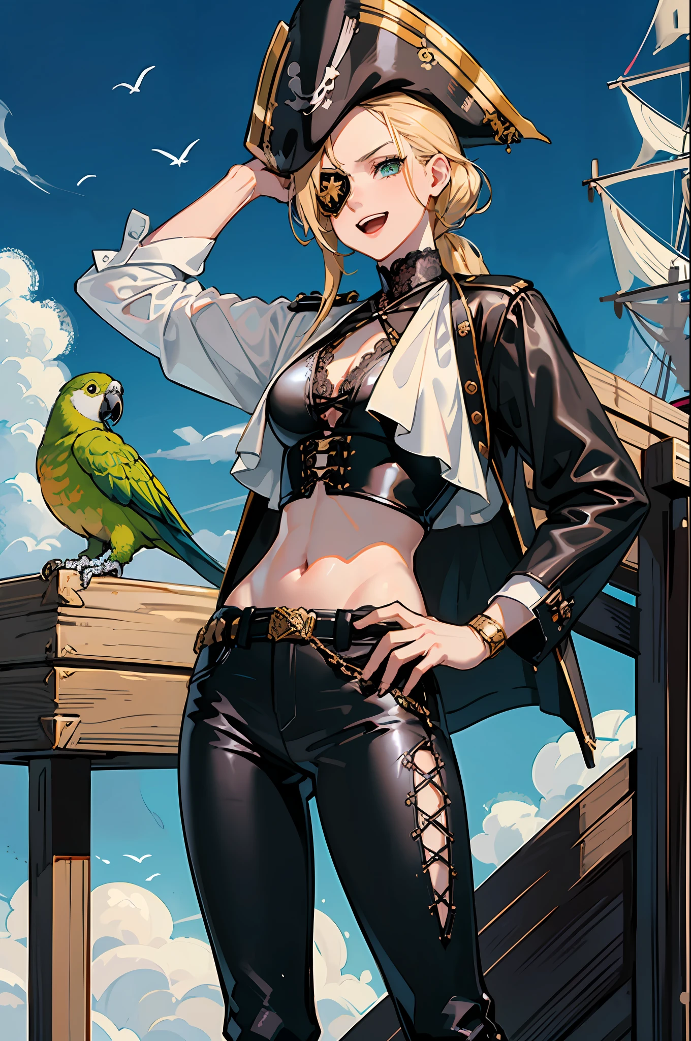 masterpiece, best aesthetic,1 girl, blonde hair, shiny hair, forehead, green eyes, (((eyepatch))), (gorgeous black pirate hat), pirate costume, leather black jacket, long jacket, (((lace-trimmed white shirt))), navel, (((lace-up black pants low-rised))), lace-up brown boots, aiguillette, gold ornate ord hand gun, holding hand gun, gold trimmed belt, parrot, parrot on shoulder, white ascot, barrel, open mouth, teeth, grin, stylish pose, pirate ship, mob pirates girls, good hands, perfect hands, add_detail:1,.,add_detail:1, add_detail:0, add_detail:0.5 --auto