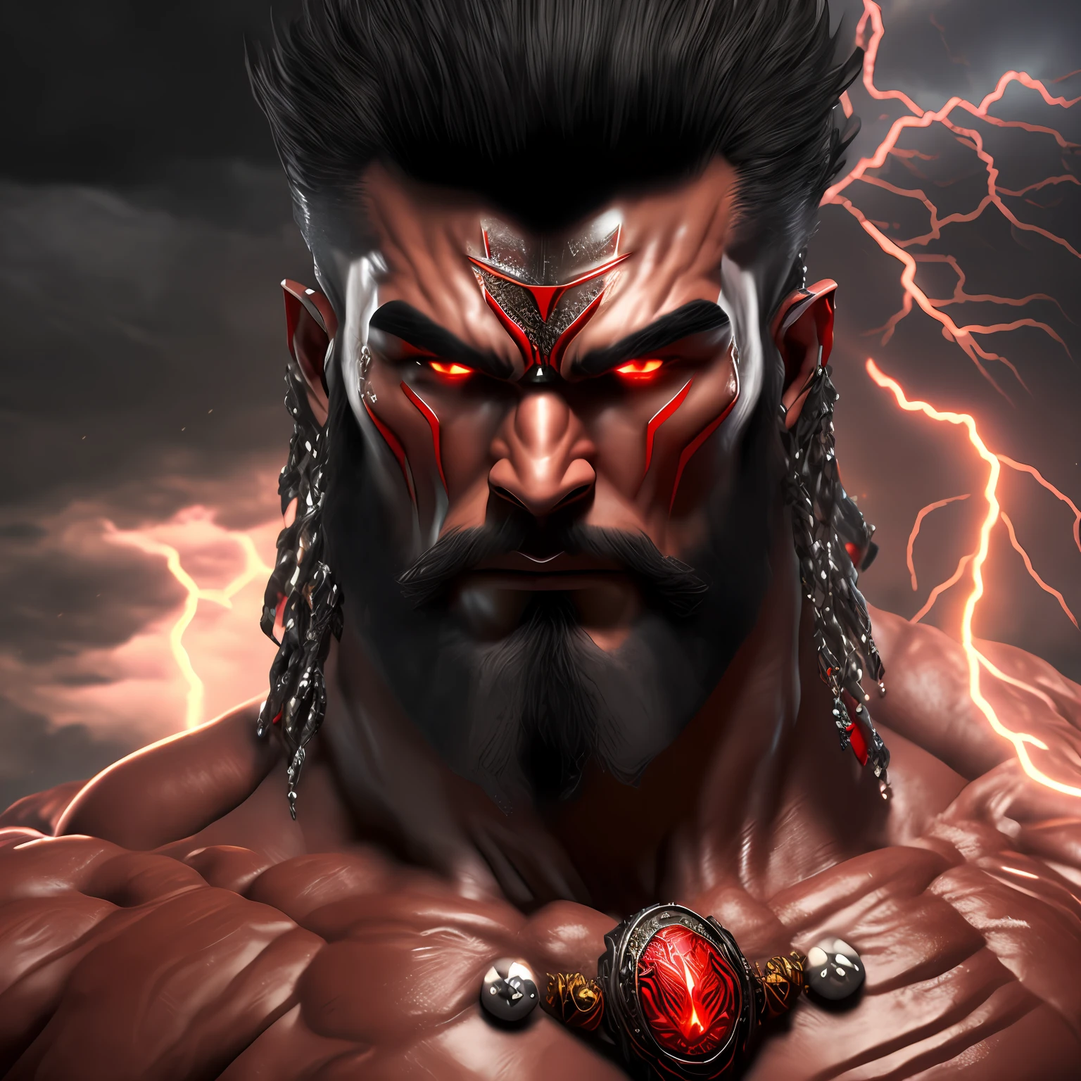 ((best quality)), ((masterpiece)), (detailed), highly detailed, (ultra-detailed), 8K resolution, (ultra-detailed eyes), a tall and muscular japanese Demon with a long curly and dark hair, Red sky, (Shiny Gray Beads Around His Neck), (dark atmosphere:1.2), scars, (beautifully detailed glow:1.2), (High Quality lightning), intricate detail, highres, (detailed facial features), (ultra-detailed skin texture), (pbr textures), detailed background, stylish pose, dynamic pose, ((phisically-based rendering)