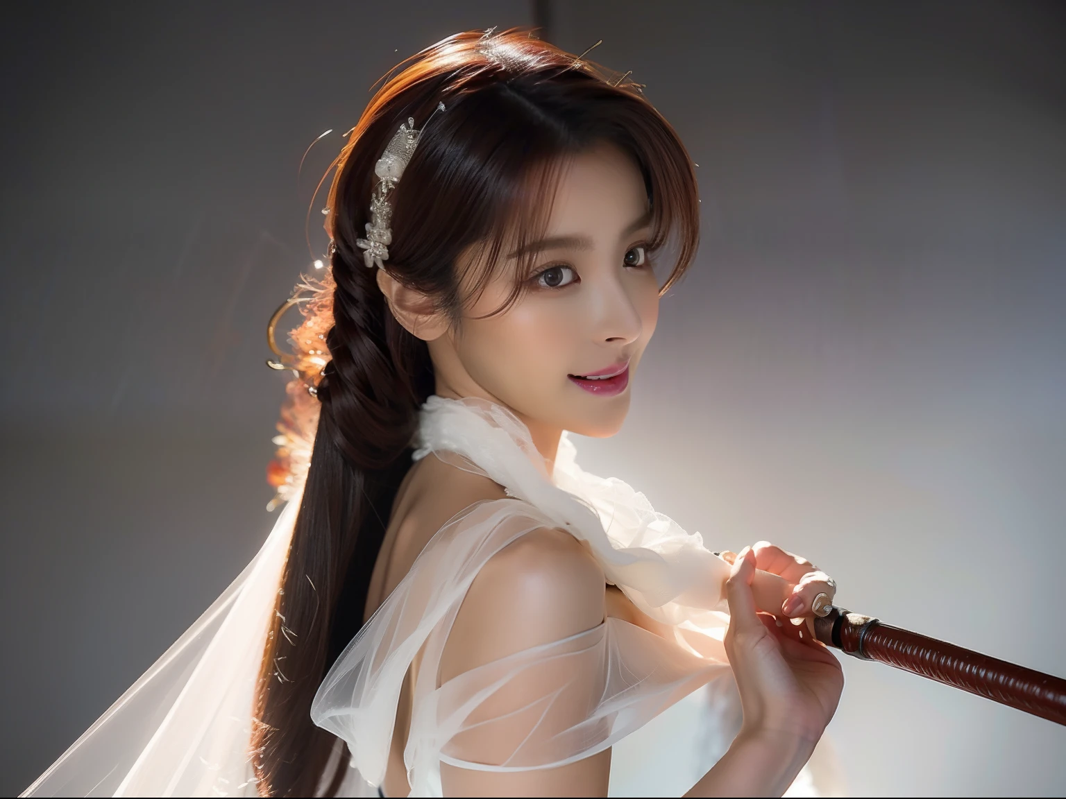 1girl,happy,elegant,silk,tullece,dress,off-shoulder,cowboy shot,see-through,white lotus,glowing,fog,mist,river,((holding a sword, ninjas, photostock, female actress from korea, veil, agile, photo from a promo shoot, cryptoblades, asian female, fighters)), Best quality, masterpiece, ultra high res, photorealistic, raw photo, unity 8k wallpaper,((1 sword:1)),Classic beauty