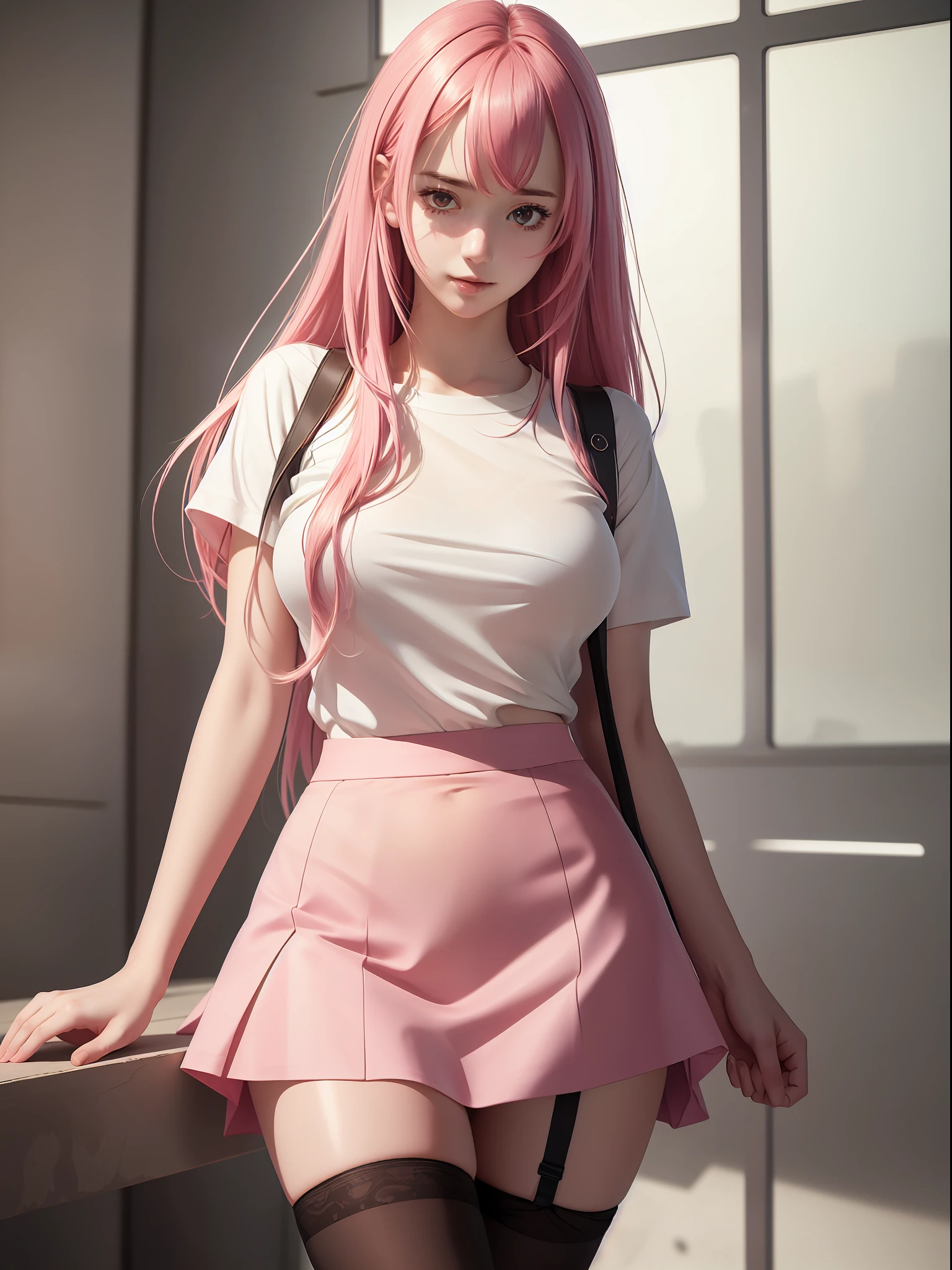 (masterpiece), (best quality), (ultra detailed),(disheveled hair),(illustration), (realistic), beautiful and cute girl with white and smooth skin, thin body, red cheeks, Smug face, naughty girl, pink hair, menjulurkan lidahnya, Wearing a transparent shirt, wearing a slightly long black skirt, wearing stockings.