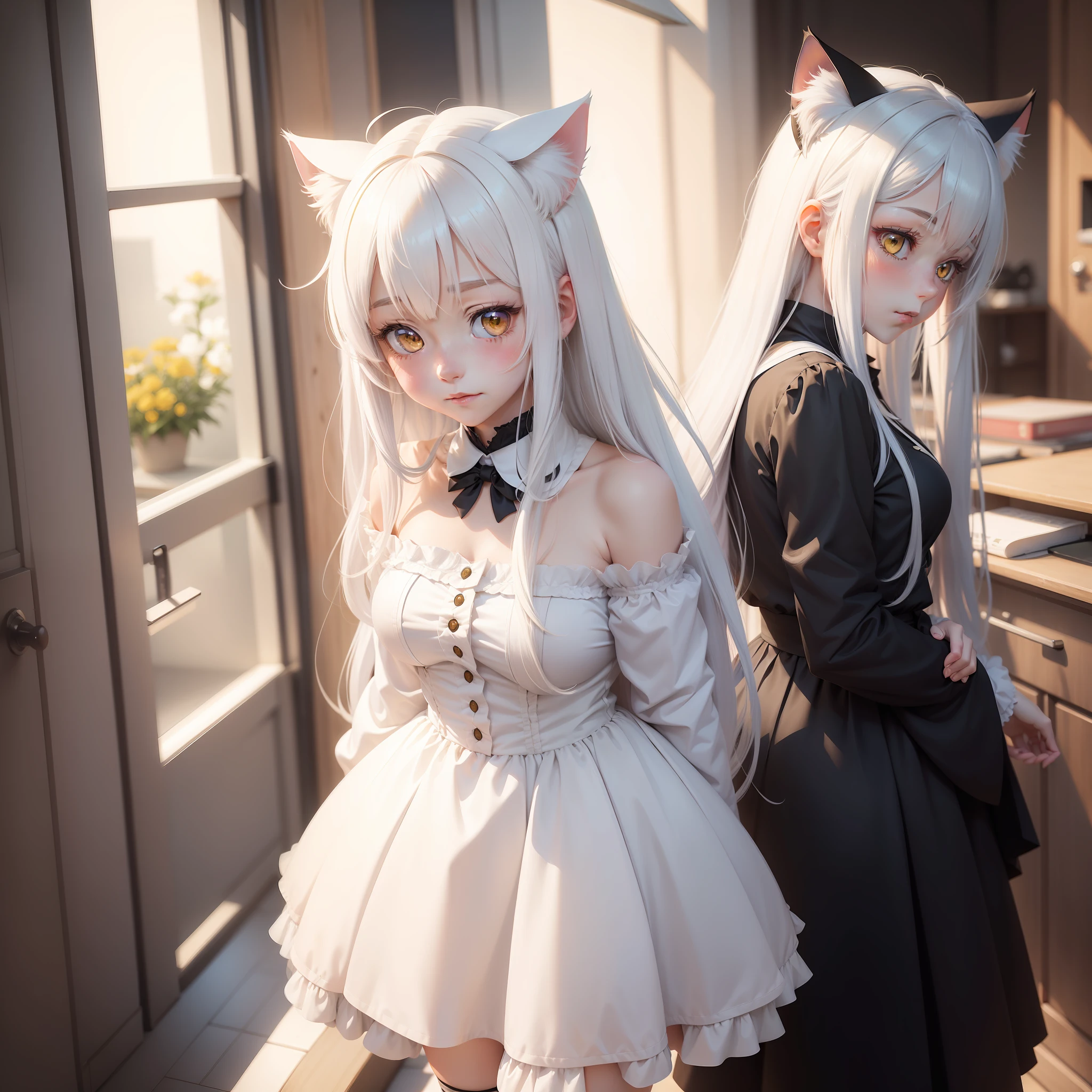 white hair, white stockings, Shy, blushing, Petite and cute, yellow eyes, cat ears, shy, blush, halo, colored inner hair, ahoge, long hair, anime, anime, anime, stereogram, super detail