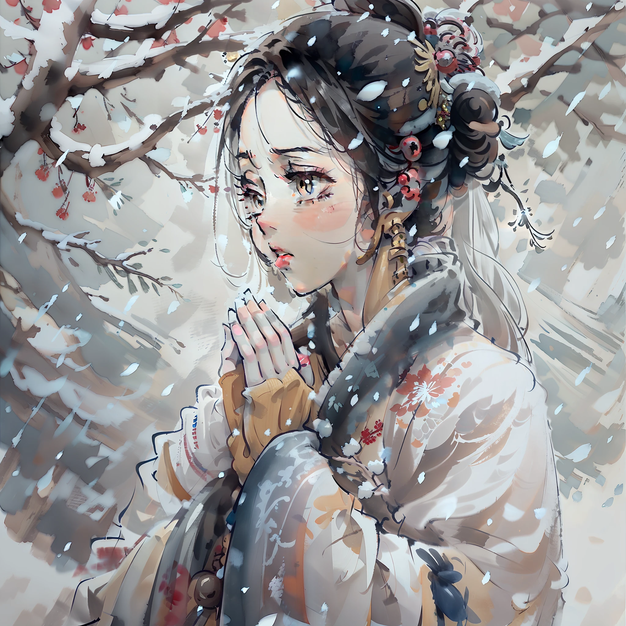 Woman in the snow,Look up and close your eyes and look at the blessing tree,Put hands together andpray,Side overall close-up,Traditional Chinese painting