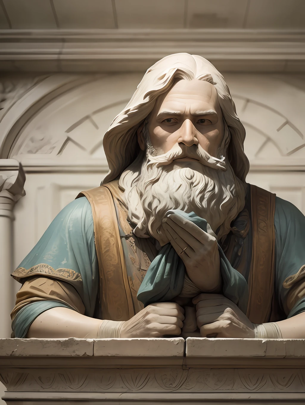 The Medieval statue of a middle-aged and bearded man in his physical and mental fullness.