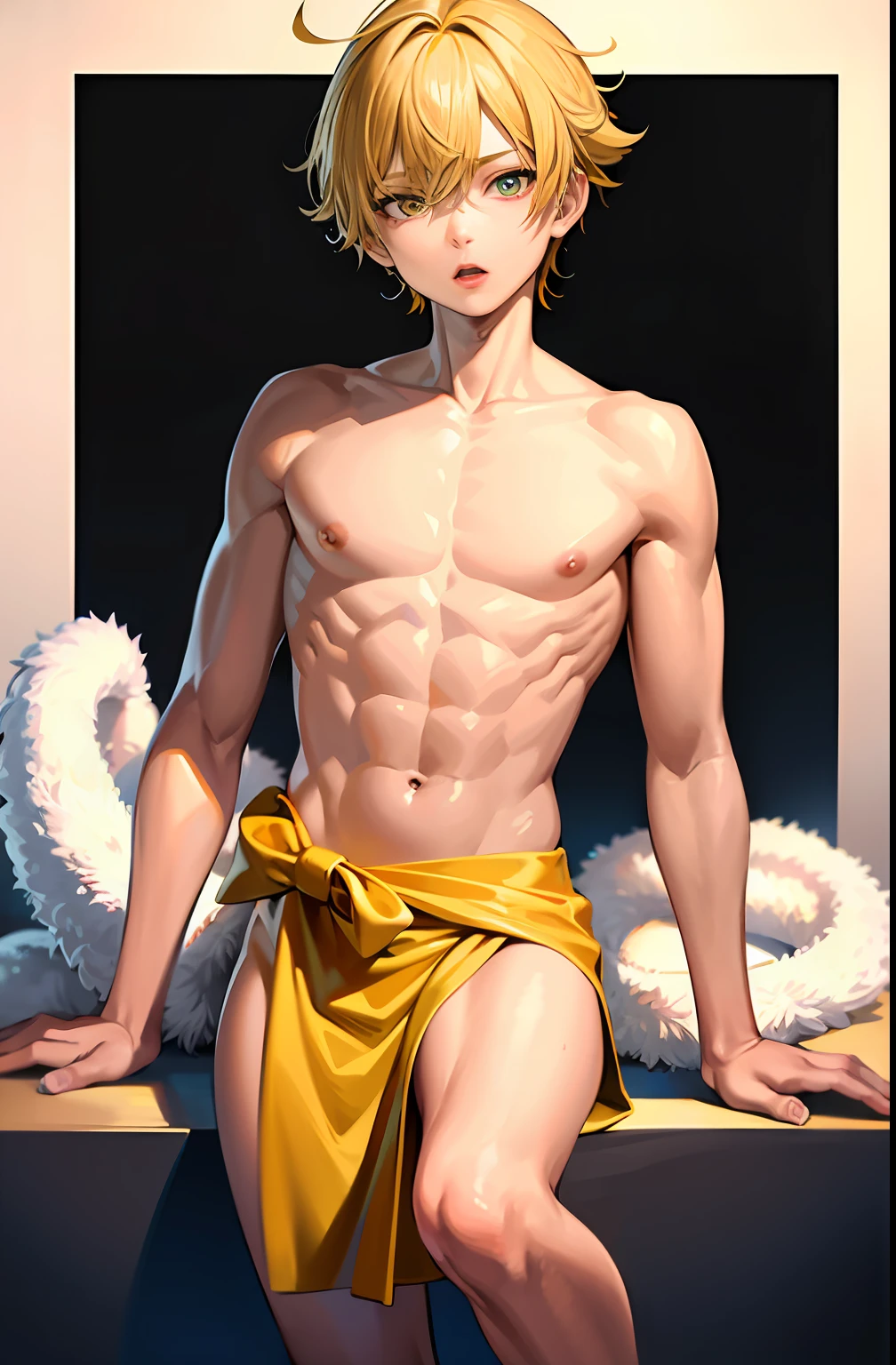 masterpiece, best quality, high quality,  1boy,10yo, , duo, male focus, full body, looking at viewer, yellow hair,spiky hairstyle, short hair, steam smork, japan style,  anime coloring, shy, home muji style, detailed face, topless, white towel on waist,