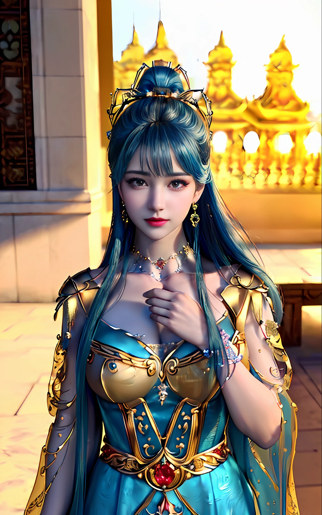 ((realisticity: 1.2)), ((best resolution: 8K UHD)), best quality,masterpiece,highres,cg,
((1 super detailed and super realistic girl)), ((very beautiful queen dazzling, super realistic, and super detailed)),((white skin, beautiful, smooth, youthful, super realistic and super detailed
)), long hair, ((super realistic and super detailed dress)), solo, ((super realistic, super beautiful, gorgeous and super detailed jewelry)), ((super beautiful, super realistic and super detailed dark red and golden yellow dress)),
((super beautiful, super realistic, super detailed diamond filled earrings)),
((super beautiful, super realistic and super detailed diamond filled hair ornament)), ((super beautiful upper body, super beautiful, super realistic and super detailed)), ((big breasts: 2.5)),
((super grand, super realistic and super detailed royal palace backgroun))
((super beautiful, super beautiful, super realistic and super detailed hair bun)), ((super beautiful, super realistic and super detailed blue hair)),
candid, Photograph, high resolution, 8k,Bokeh,
