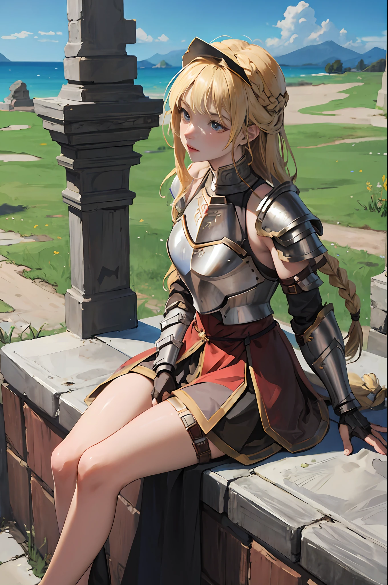 ((masterpiece)), 4k, absurdres, best quality (1girl), 1girl, armor, blonde hair, braid, long hair, planted, ruins, shoulder armor, sitting, solo