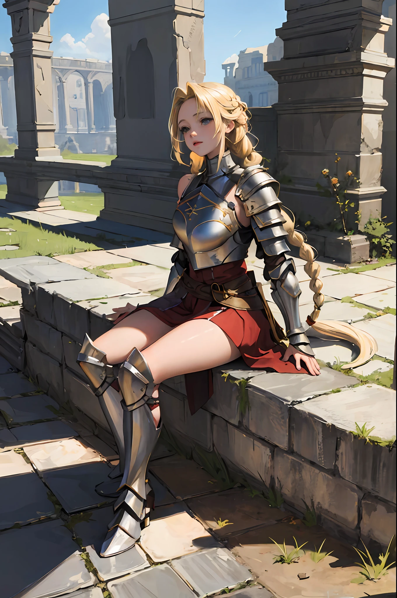 ((masterpiece)), 4k, absurdres, best quality (1girl), 1girl, armor, blonde hair, braid, long hair, planted, ruins, shoulder armor, sitting, solo