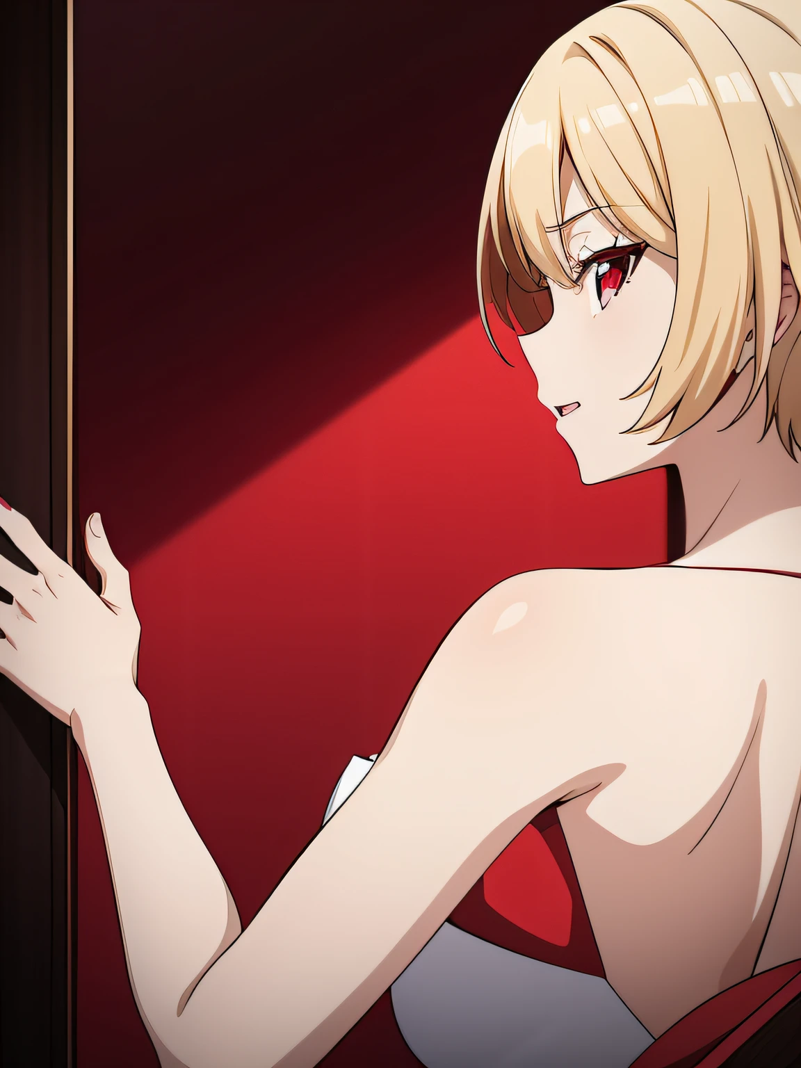 1girl, short blond hair, red eyes, wearing red dress, luxury hotel, absurdres, high res, ultrasharp, 8K, masterpiece, looking at viewer