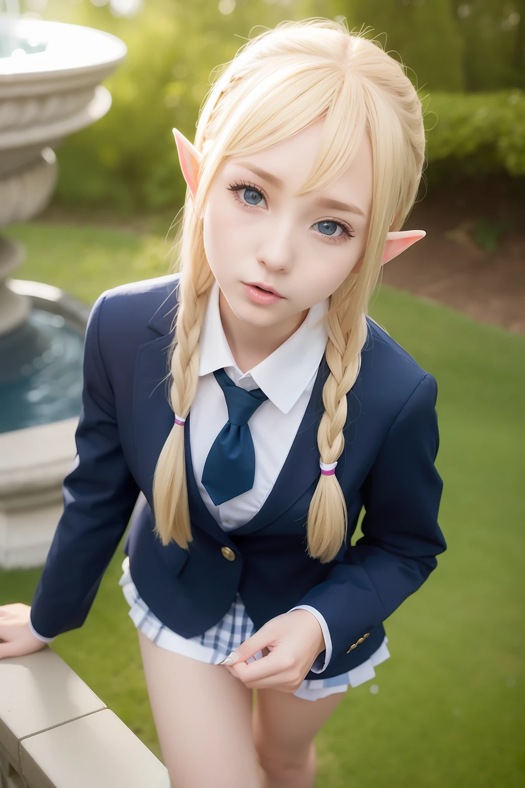 Subject's elven pointed ears、Pointed ears、long pointy ears、Photorealistic、distinct、​masterpiece（3G）、8K、Lustful Elf Estrus Elf、Elf Cosplay、Cosplay Elf、Camera Viewpoint、Facing the viewer、half-open mouth、face up、High School Elf、Beautiful girl with a European face、Blonde hair、Silky hair、glistning skin、White muscle、upper body、bent over、from above、a hyperrealistic schoolgirl、kawaii、（Navy colored blazer、Plaid ribbon、high-school uniform:1.2)、Raw photo、High School Student、Fountain Park、