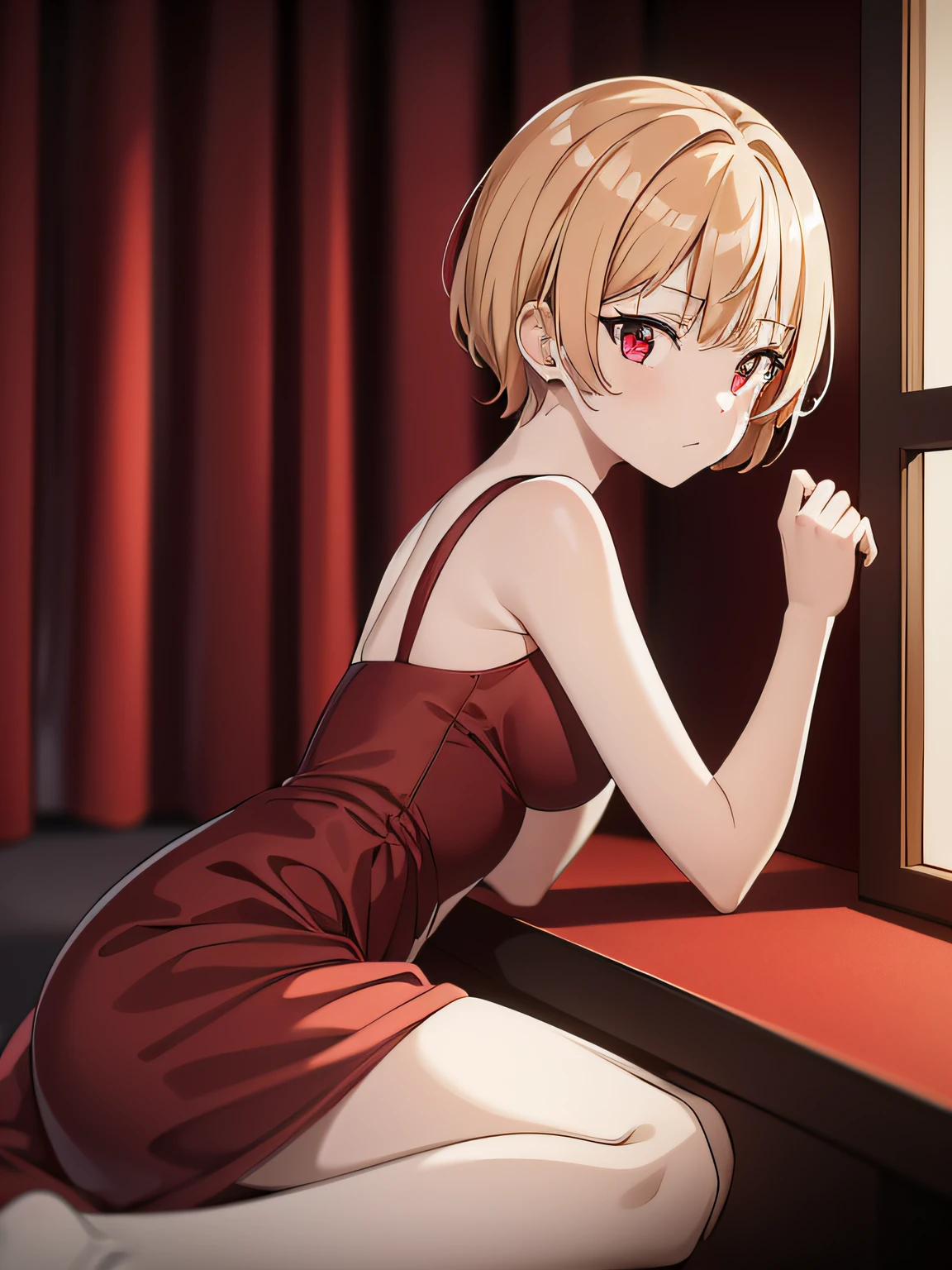 1girl, short blond hair, red eyes, wearing red dress, luxury hotel, absurdres, high res, ultrasharp, 8K, masterpiece, looking at viewer