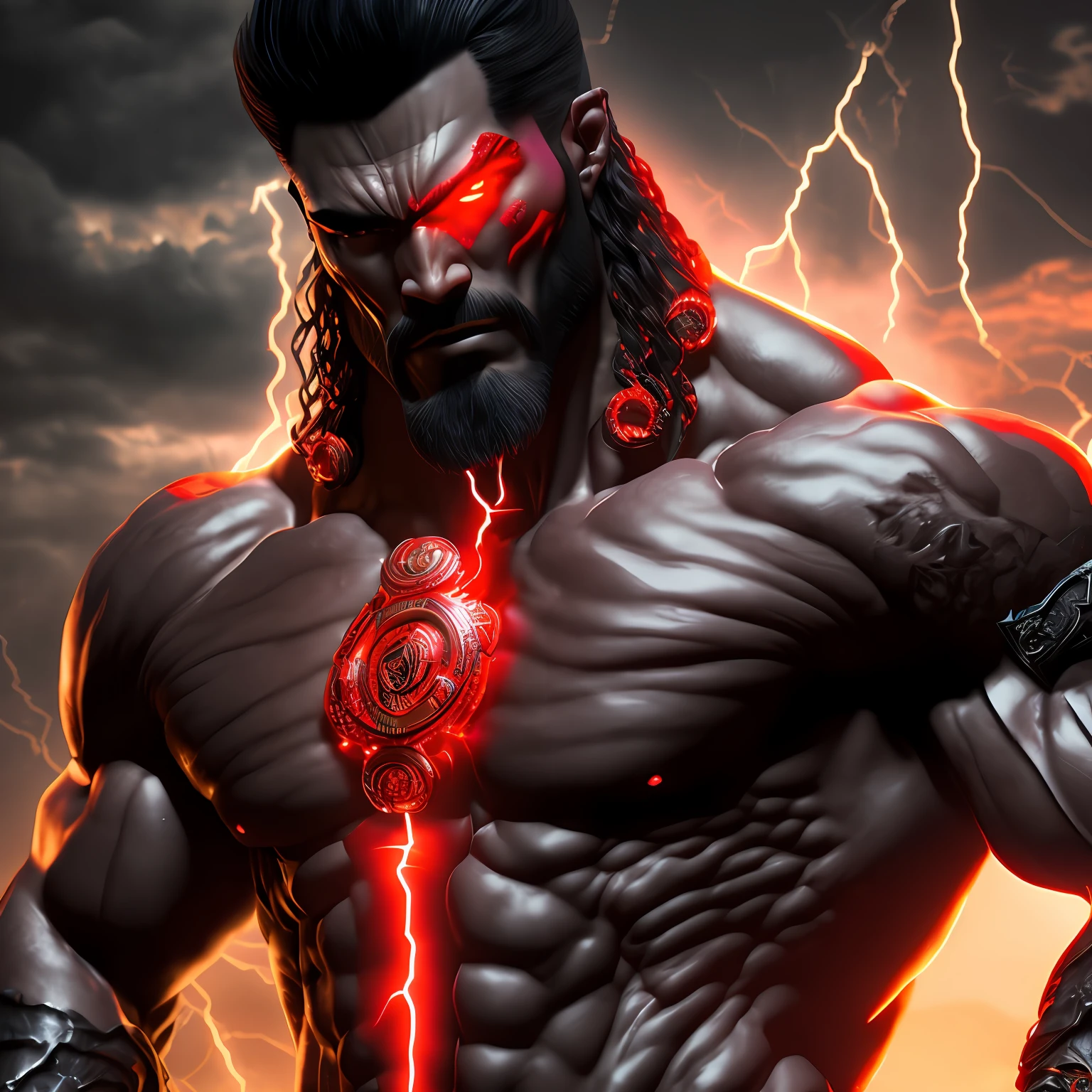 ((best quality)), ((masterpiece)), (detailed), highly detailed, (ultra-detailed), 8K resolution, (ultra-detailed eyes), a tall and muscular japanese Demon with a long curly and dark hair, Red sky, (Shiny Gray Beads Around His Neck), (dark atmosphere:1.2), scars, (beautifully detailed glow:1.2), (High Quality lightning), intricate detail, highres, (detailed facial features), (ultra-detailed skin texture), (pbr textures), detailed background, stylish pose, dynamic pose, ((phisically-based rendering)