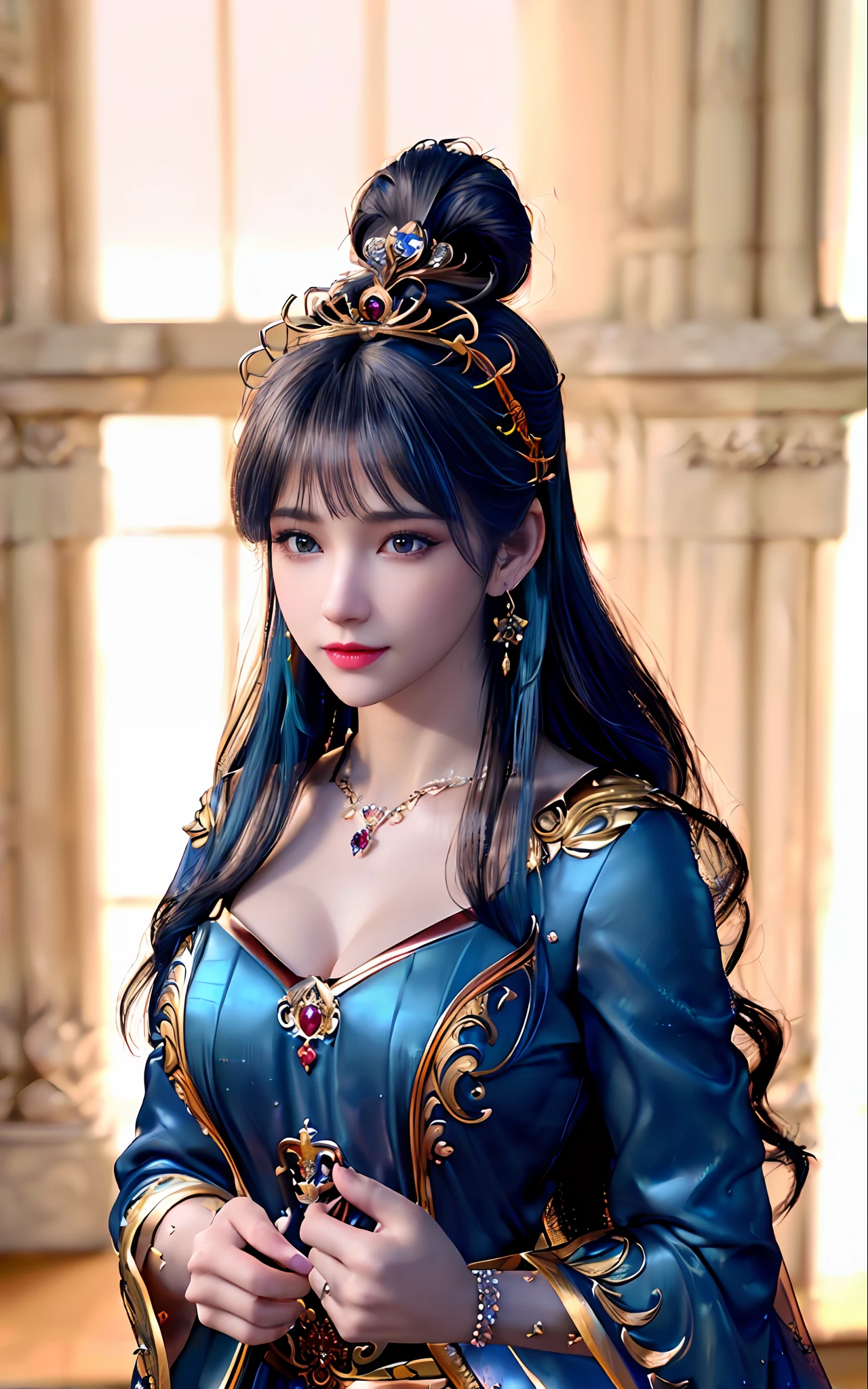 ((realisticity: 1.2)), ((best resolution: 8K UHD)), best quality,masterpiece,highres,cg,
((1 super detailed and super realistic girl)), ((very beautiful queen dazzling, super realistic, and super detailed)),((white skin, beautiful, smooth, youthful, super realistic and super detailed
)), long hair, ((super realistic and super detailed dress)), solo, ((super realistic, super beautiful, gorgeous and super detailed jewelry)), ((super beautiful, super realistic and super detailed dark red and golden yellow dress)),
((super beautiful, super realistic, super detailed diamond filled earrings)),
((super beautiful, super realistic and super detailed diamond filled hair ornament)), ((super beautiful upper body, super beautiful, super realistic and super detailed)), ((big breasts: 2.5)),
((super grand, super realistic and super detailed royal palace backgroun))
((super beautiful, super beautiful, super realistic and super detailed hair bun)), ((super beautiful, super realistic and super detailed blue hair)),
candid, Photograph, high resolution, 8k,Bokeh,
