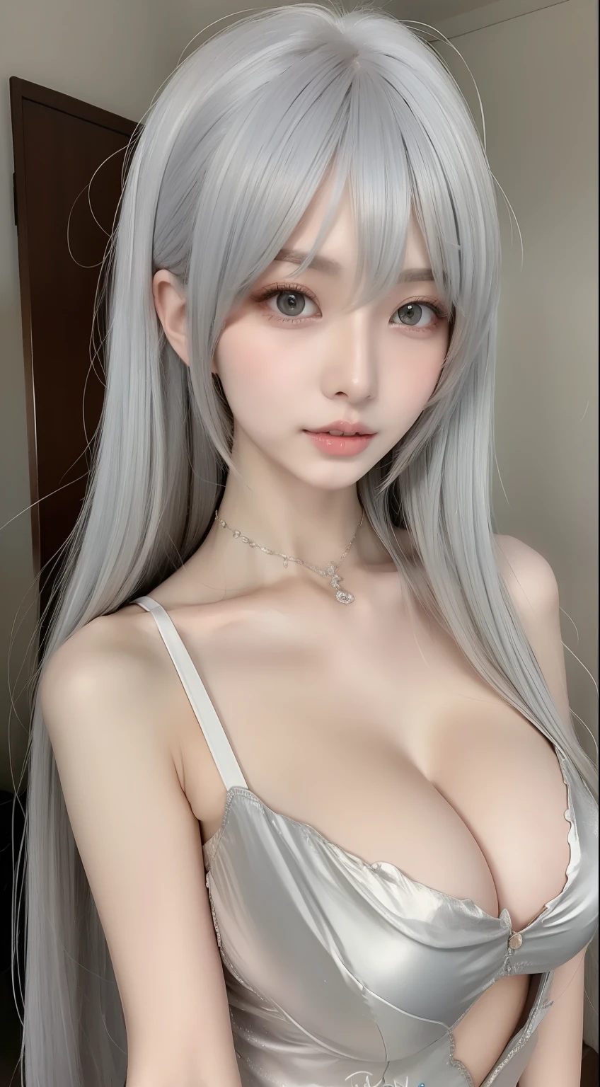 perfect figure beautiful woman:1.4,Layered Hair Style,Protruding cleavage,Gray 2D costume:1.5,Highly Detailed Face and Skin Textur,二重まぶた,Whiten the skin,long whitr hair