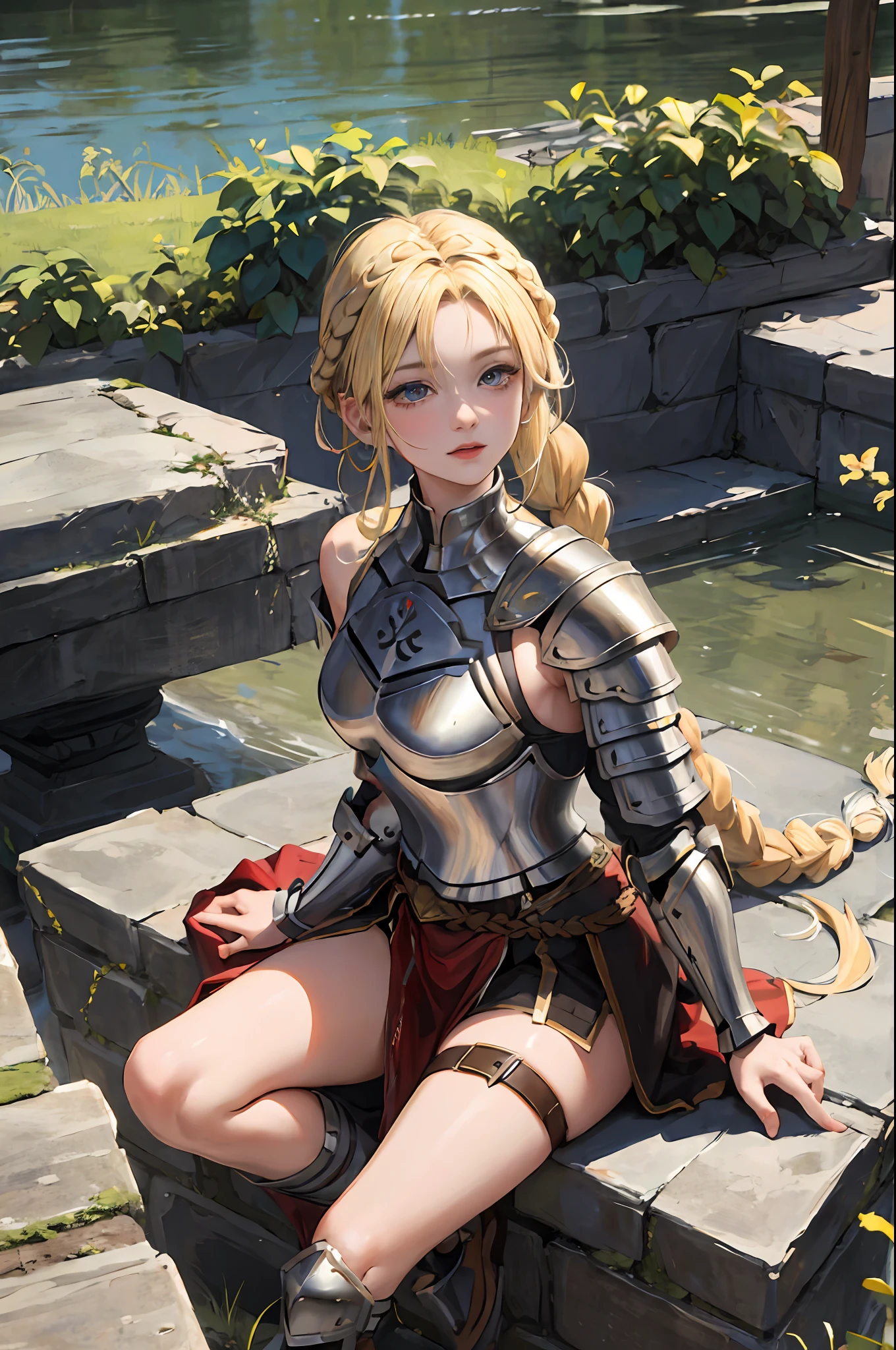 ((masterpiece)), 4k, absurdres, best quality (1girl), 1girl, armor, blonde hair, braid, long hair, planted, ruins, shoulder armor, sitting, solo