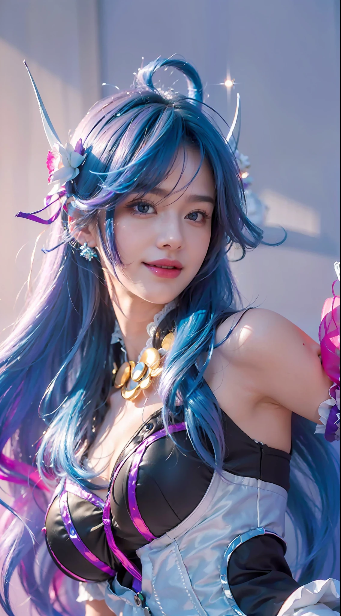 best quality,masterpiece,extremely detailed,high res,4k,ultra high res,detailed shadow,ultra realistic,realistic,dramatic lighting,1girl,solo,detailed face,realistic eyes,realistic skin,white dress,purple hair,dynamic pose, white lace dress,smile