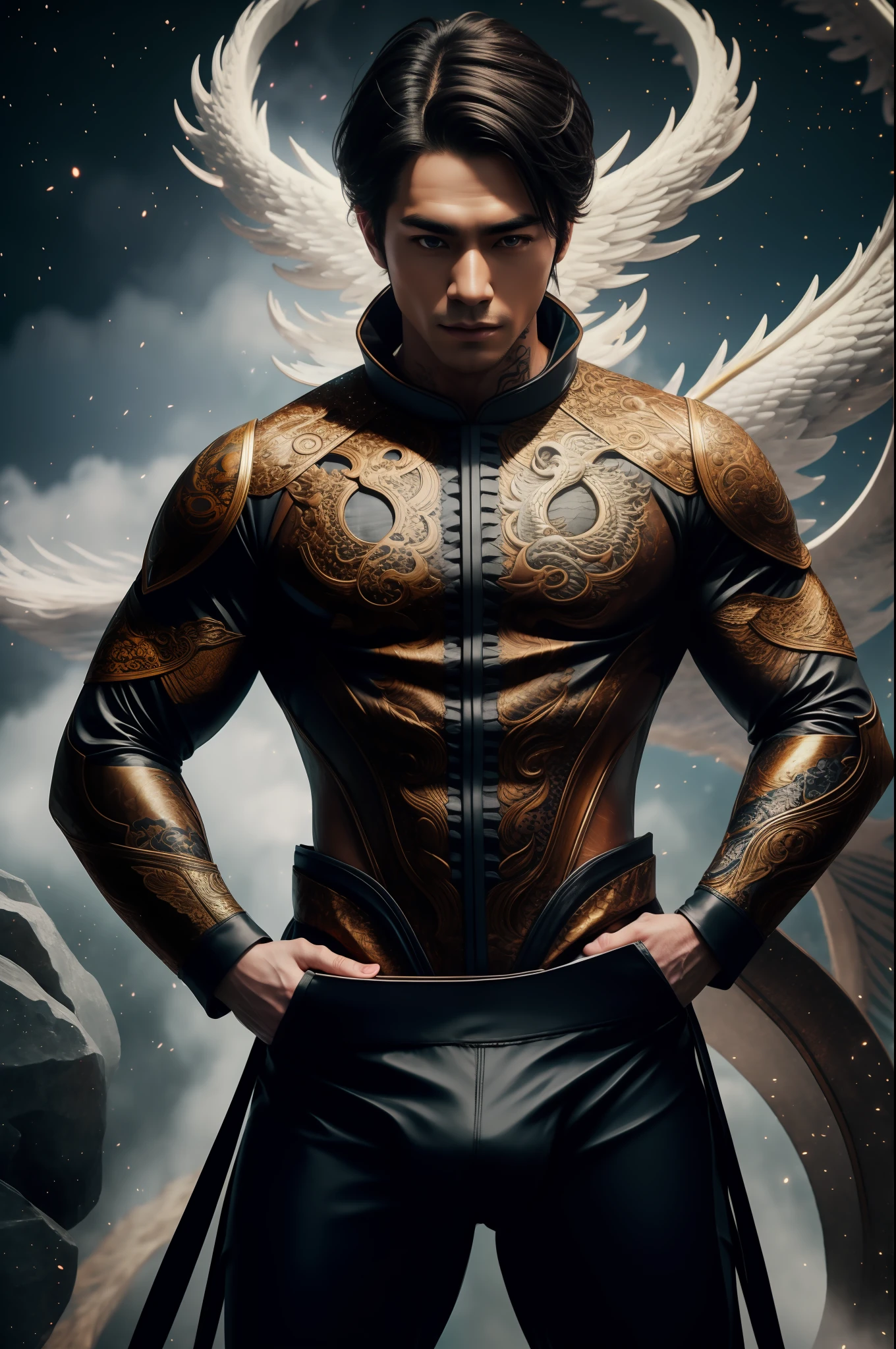 Handsome guy, 25 years old, Asian, master work, best picture quality, higher quality, high detail, super high resolution, 8k resolution, delicate facial features, boy, big muscles, tattoos, glowing eyes, short hair, hair details, [[Look away, look to the side, emphasize homosexuality and pay attention to every detail , open Hanfu transparent tulle jacket, white rubber pants, night, starry sky, flying flowers. Waterfalls, mountains, circling dragons, Chinese courtyard background (((((crotch bulge)))))