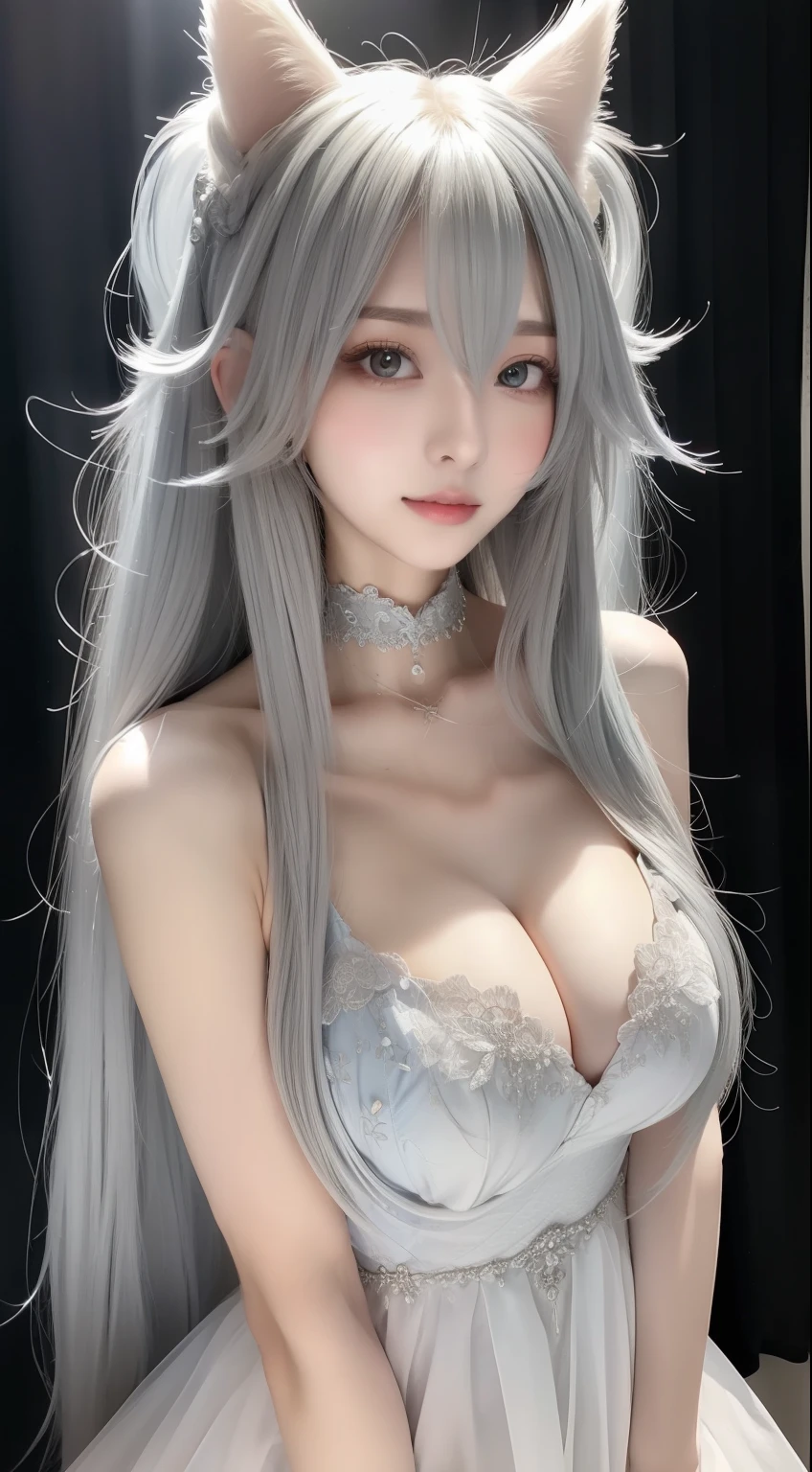 perfect figure beautiful woman：1.4，Layered Hair Style，Protruding cleavage，Gray 2D costume：1.5，Highly Detailed Face and Skin Textur，二重まぶた，Whiten the skin，long whitr hair