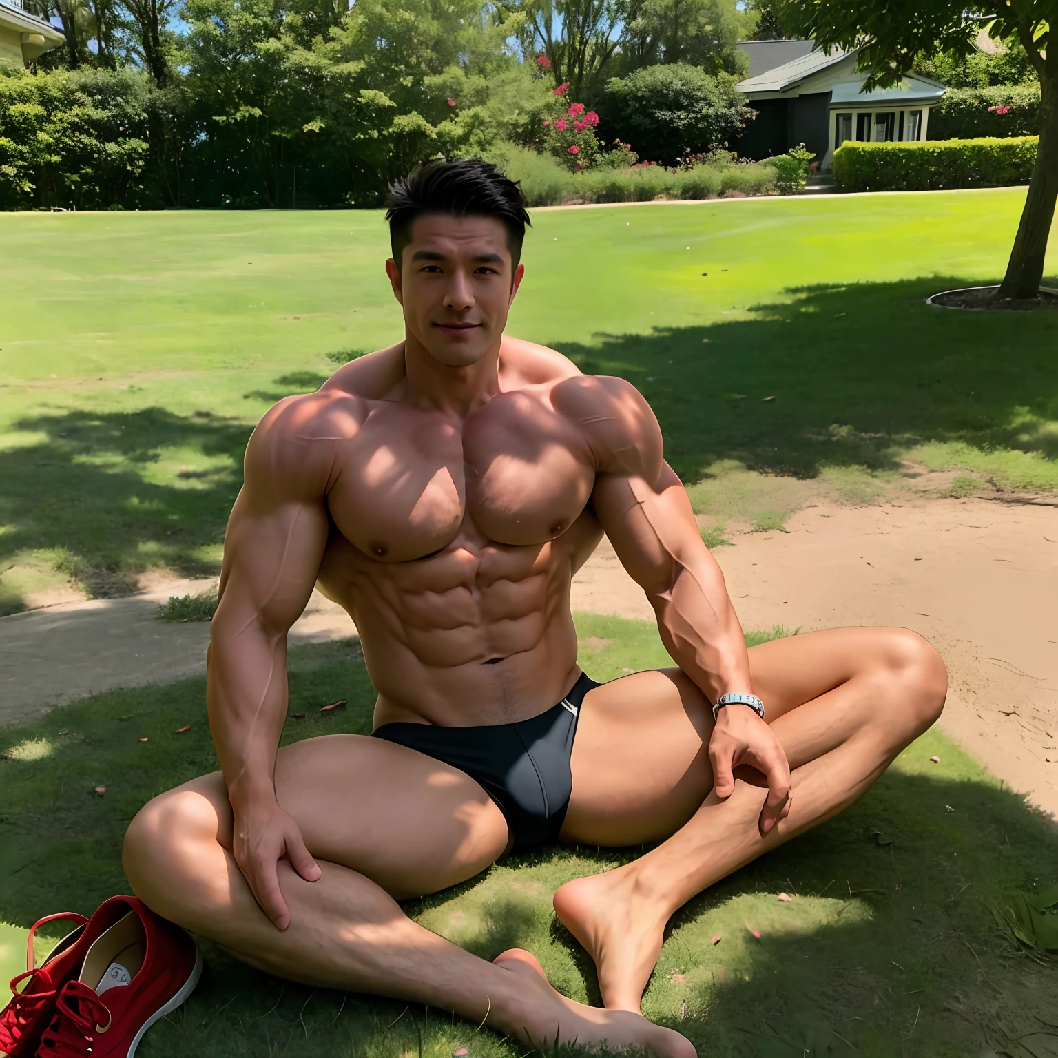 Muscle handsome man 40 years old, sitting on the grass, without shoes, strong legs, muscular physique, posing and flexing,  six pack, mr universe, shredded, wearing underwear black thong