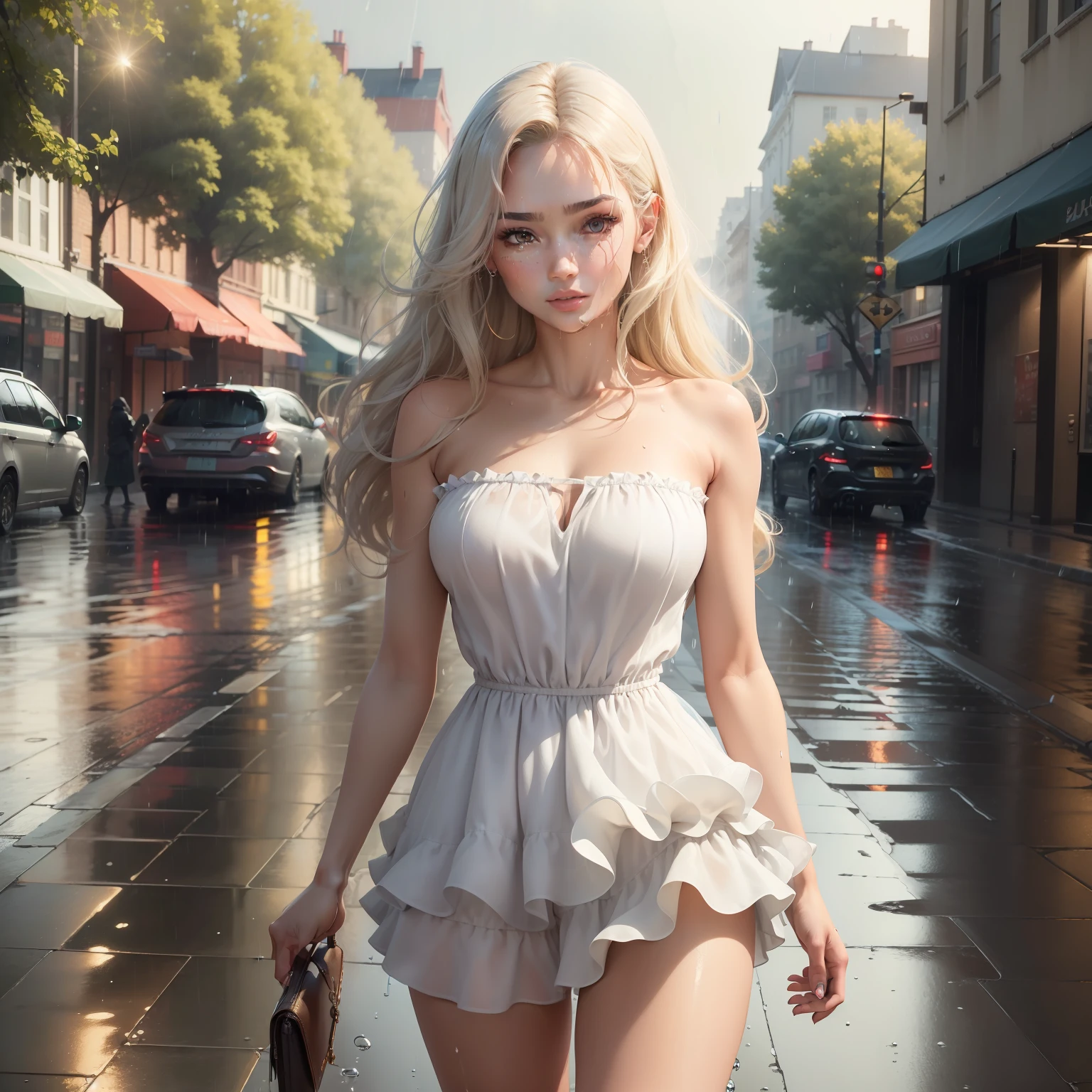 ((Best Quality, 8K, Masterpiece:1.3)), Focus:1.2, Perfect Body Beauty:1.4, Buttocks:1.2, (Layered Haircut:1.2)), (Rain, Street:1.3), Bandeau Dress:1.1, Highly Detailed Face and Skin Texture, Delicate Eyes, Double Eyelids, Whitened Skin, Long Hair, (Round Face: 1.5)