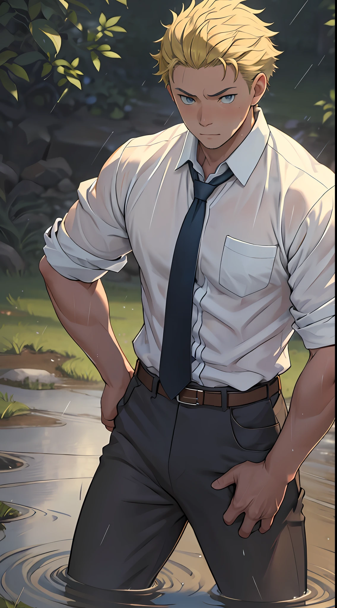(1 Adult male),A high resolution, Sharp focus, Pixiv masterpiece, ((Complicated details)), highly detailed, natsuki_subaru, 1 man,Lying in the mud,Close-up of crotch,Crotch view, Lazy,full bodyesbian, blue color eyes(eyes glowing), Short yellow hair,white shirt,Wear a tie,Wear a belt,perspire,rain,Drenched,Sweaty crotch,look from down