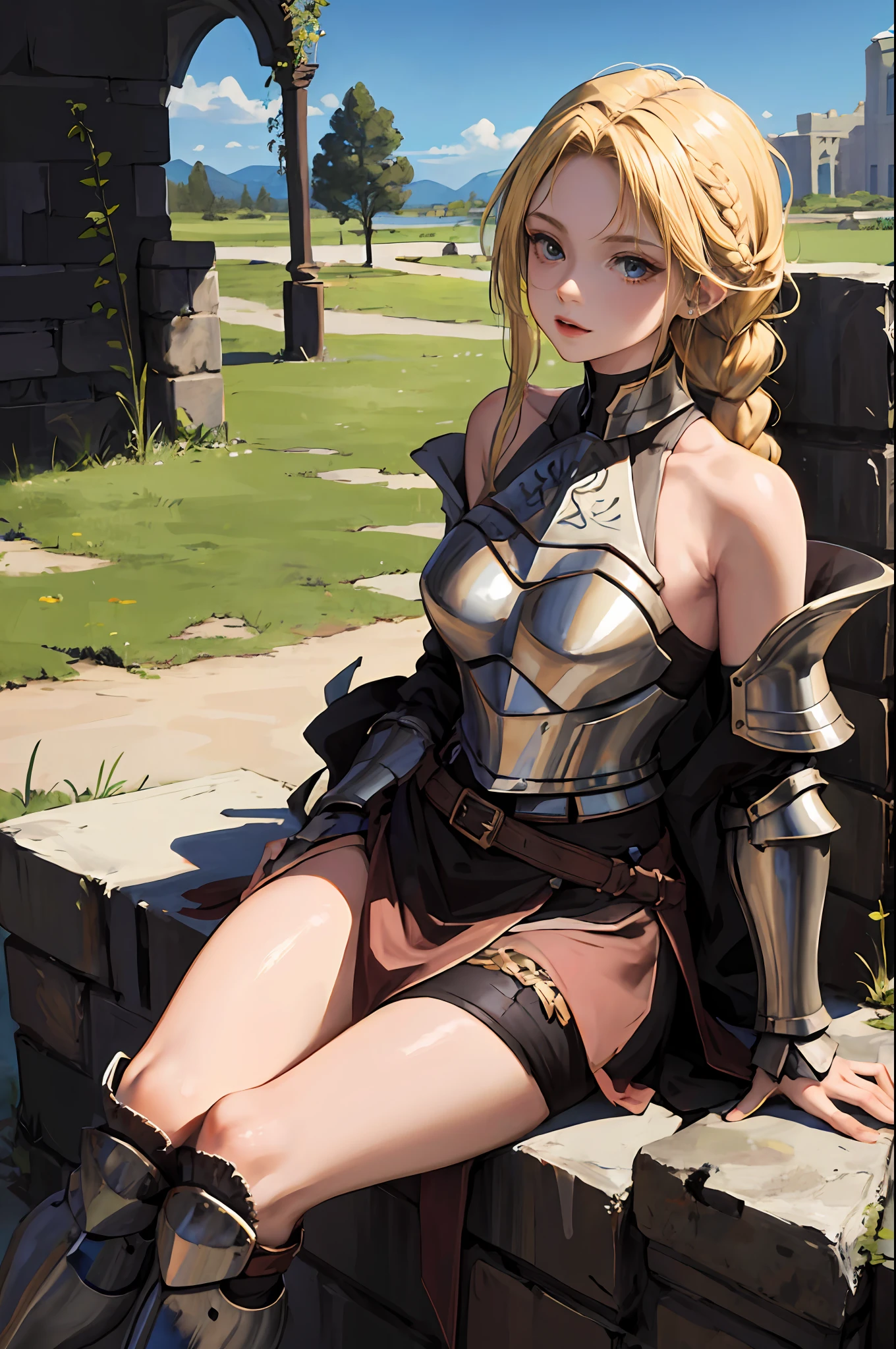 ((masterpiece)), 4k, absurdres, best quality (1girl), 1girl, armor, blonde hair, braid, long hair, planted, ruins, shoulder armor, sitting, solo