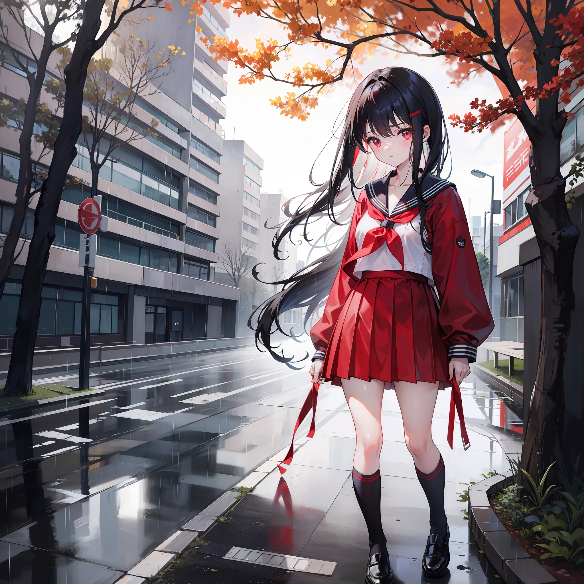 schoolgirls，cabelos preto e longos，red color eyes，Wearing a sailor suit，Standing in the rain，Looks sad