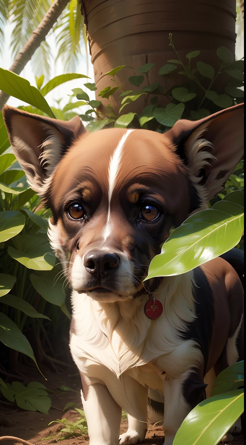 Uma imagem de um velho caipira, com um rosto marcado pelo tempo e roupas simples, Working with hoe in the middle of a lush plantation, enquanto um cachorro o acompanha fielmente.