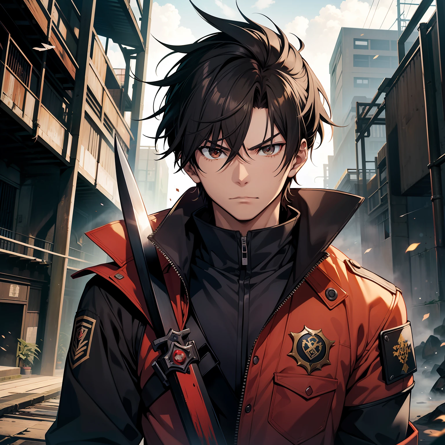 a imagem apresenta um jovem 22 anos. Anime fire force. Personagem Shinra kusakabe. Sem camisa, lean physical appearance, hair is combed back black color. Serious dark brown eyes. a serious face, selvagem. Corpo machucado, Scratches. bermuda simples, cor marrom. Positioned facing with one arm holding a rusty ancient sword. Another bleeding arm. Em um campo de batalha devastado.