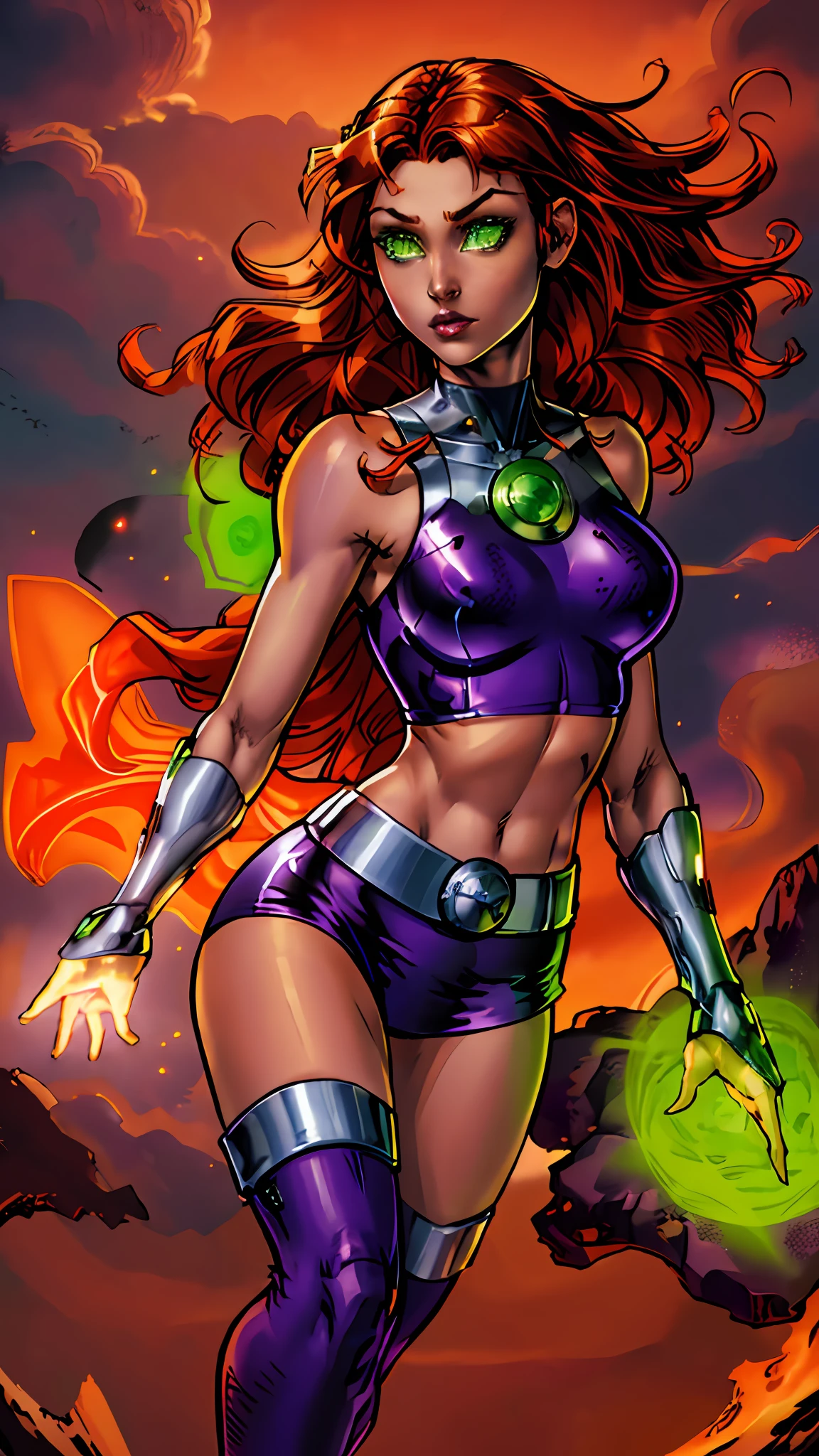 Starfire, masterpiece, best quality, highres, sf1, bright orange hair, fiery hair, glowing green eyes (no pupils), midriff, purple skirt, crop top, purple thighhighs, bare shoulders, belt, levitating, from the front
