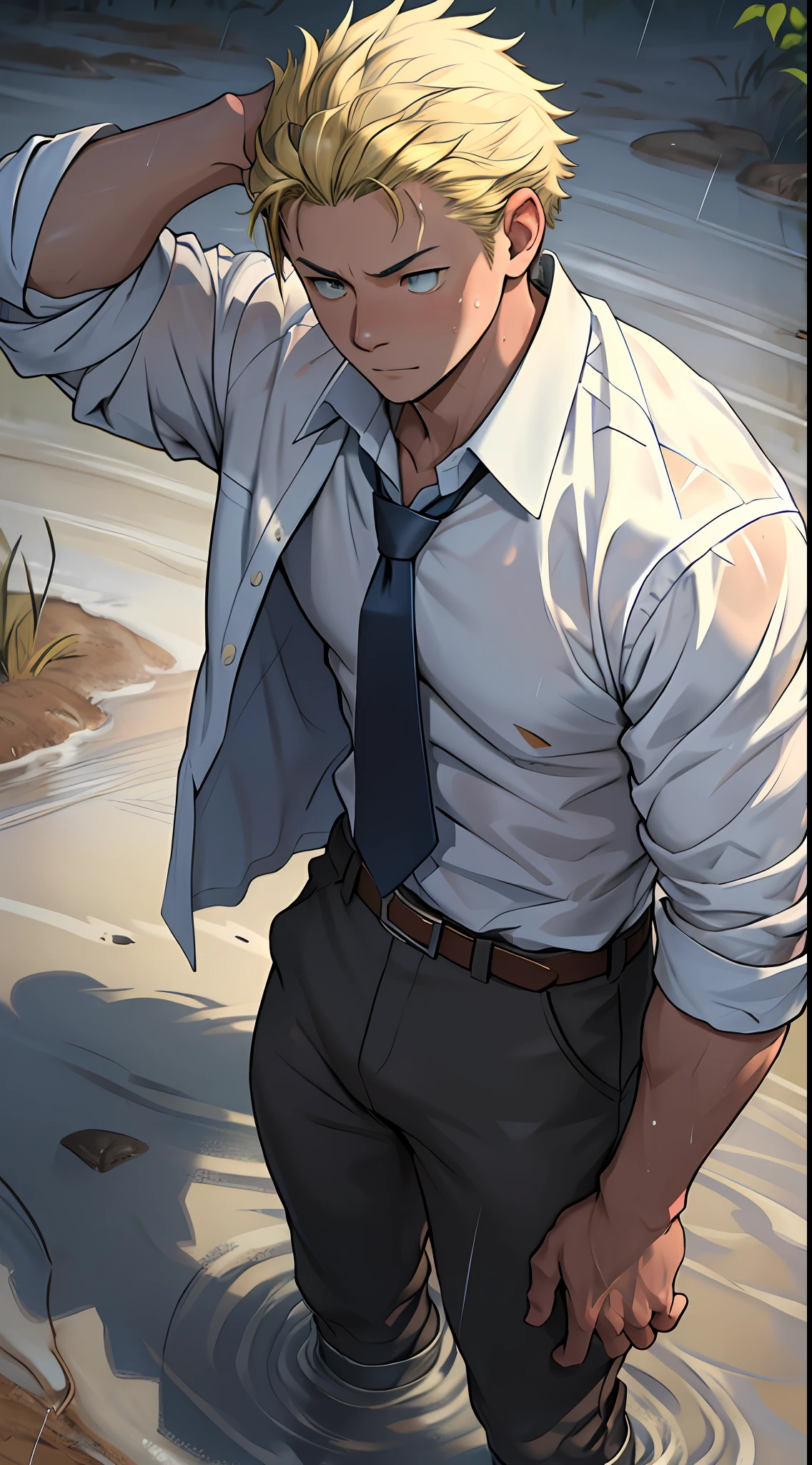 （1 Adult male），A high resolution， Sharp focus， Pixiv masterpiece， （（Complicated details））， highly  detailed， natsuki_subaru， 1 man，Lying in the mud，Close-up of crotch，Crotch view， Lazy，full bodyesbian， blue color eyes（eyes glowing）， Short yellow hair，white  shirt，Wear a tie，Wear a belt，perspire，rain，Drenched，Sweaty crotch，look from down