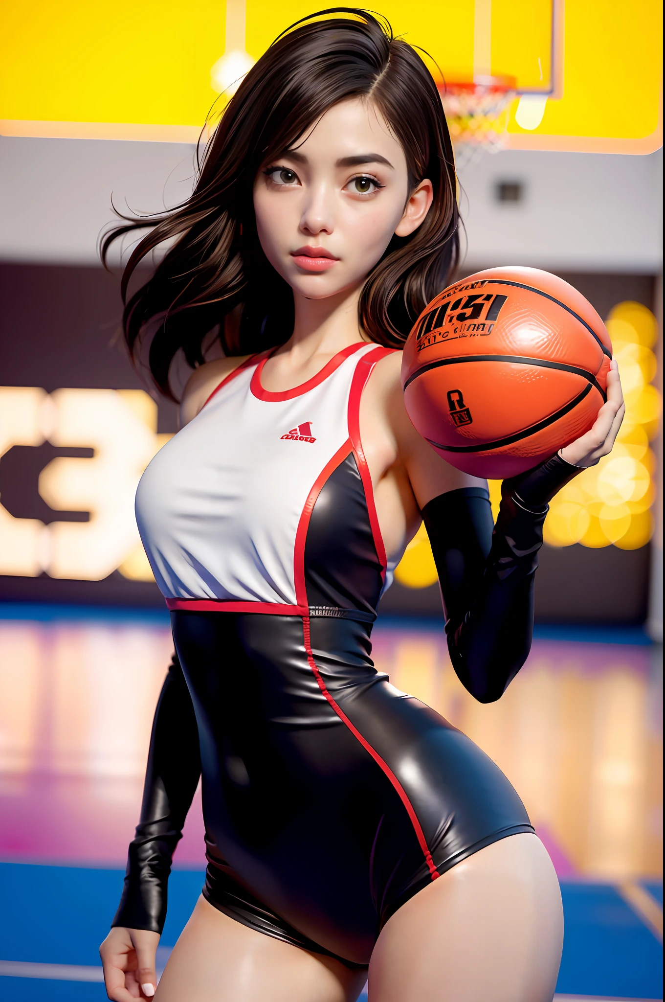 (8k, Best Quality, Masterpiece: 1.2), (Huge)(Realistic, Realistic: 1.37), Ultra Detailed, Best Quality, Ultra High Resolution, Professional Lighting, Photon Mapping, Radiosity, Physically Based Rendering, Cinematic Lighting, basketball playground, depth of fields, Clear focus, rays of sunshine, Good composition, (bokeh: 1.2) 1girl, solo, (full bodyesbian), (Keep your mouth shut), beautiful and detailed eye, pose, a narrow waist, basketball suit, brunette color hair, messy hair, Long hair blowing in the wind,(ulzzang-6500:1.2)mix4,hiqcgbody
