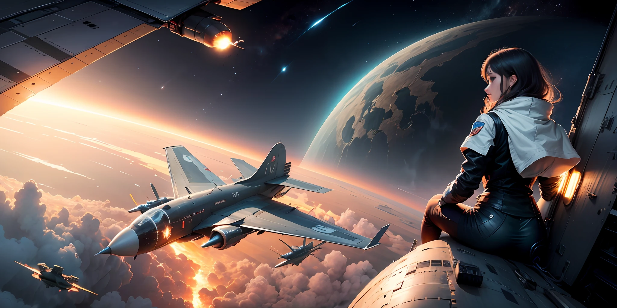 mechs，warplane，Empty space。kosmos，Beautuful Women，Timespace