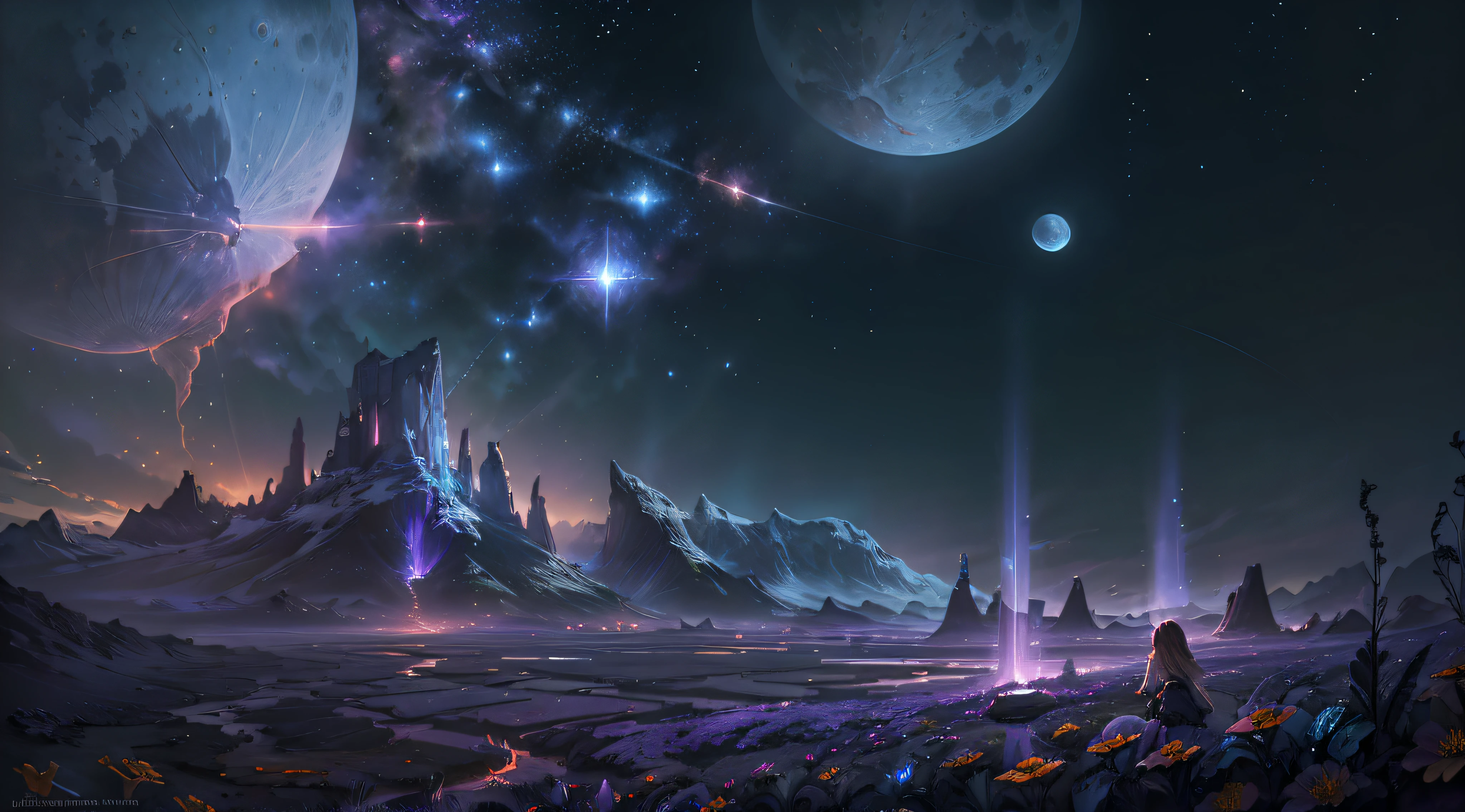 expansive landscape photograph , (a view from below that shows sky above and open field below), a girl standing on flower field looking up, (full moon:1.2), ( shooting stars:0.9), (nebula:1.3), distant mountain, tree BREAK
production art, (warm light source:1.2), (Firefly:1.2), lamp, lot of purple and orange, intricate details, volumetric lighting BREAK
(masterpiece:1.2), (best quality), 4k, ultra-detailed, (dynamic composition:1.4), highly detailed, colorful details,( iridescent colors:1.2), (glowing lighting, atmospheric lighting), dreamy, magical, (solo:1.2) --auto --s2