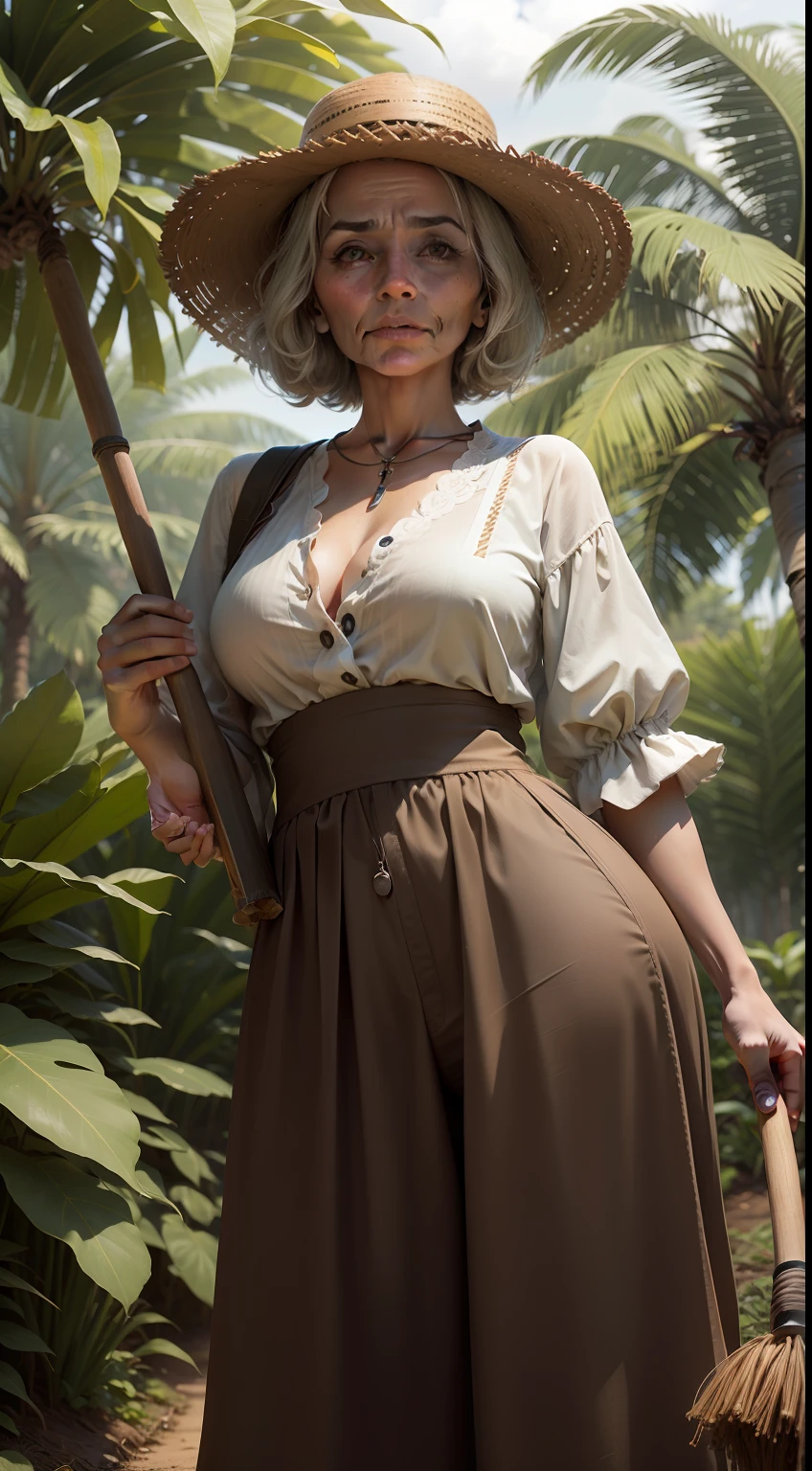Uma imagem de um velho caipira, com um rosto marcado pelo tempo e roupas simples, Working with hoe in the middle of a lush plantation.