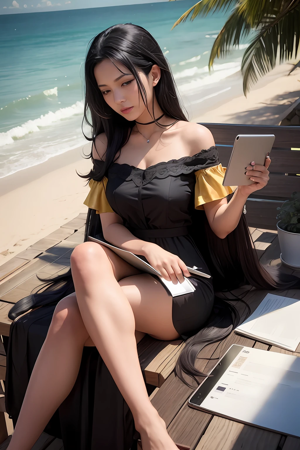 mulher sentada em um banco com um computador tablet e um livro, por Yang J, Nico Robin, Sakimichan Frank Franzzeta, Xintong Chen, Ruan Jia e Artgerm, Modelo IG | Artgerm, Tifa Lockhart, Wenfei Ye, Irelia, Retrato sedutor de Tifa Lockhart, Preto - Mago Cabelo