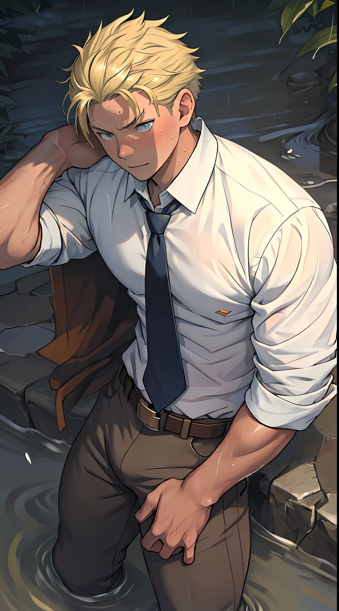 （1 Adult male），A high resolution， Sharp focus， Pixiv masterpiece， （（Complicated details））， highly  detailed， natsuki_subaru， 1 man，Lying in the mud，Close-up of crotch，Crotch view， Lazy，full bodyesbian， blue color eyes（eyes glowing）， Short yellow hair，white  shirt，Wear a tie，Wear a belt，perspire，rain，Drenched，Sweaty crotch，look from down