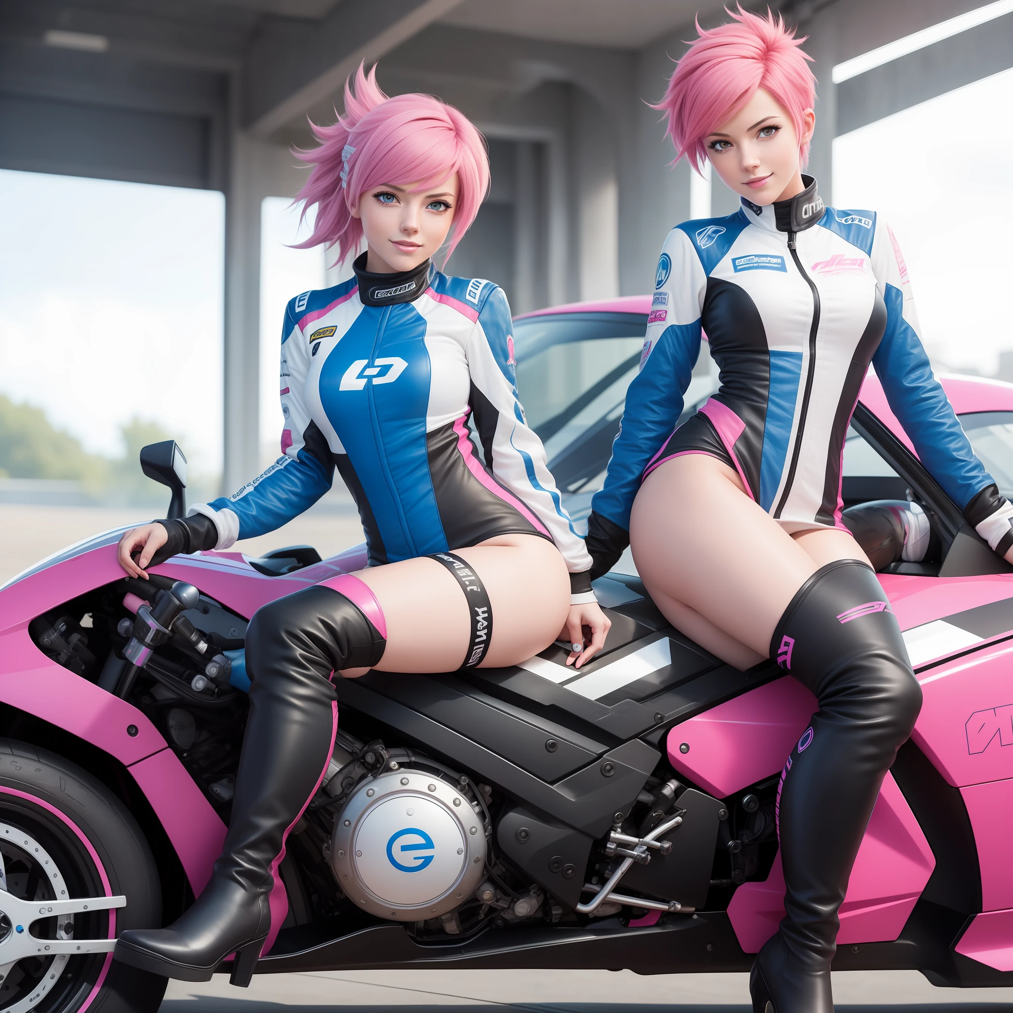 masterpiece, 1girl, tracer from overwatch, sitting on racing car, racing girl uniform, scantily clad, racing queen, seductive smile, thigh boots, large breasts, pink hair, blue hair, thin beautiful legs, young face, pretty eyes